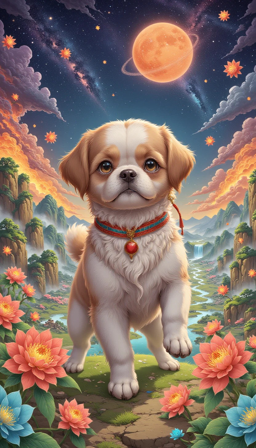 p1nkch1n3s3styl3,fantasy art by Donato Giancola, Color splash, overlapping compositions, full body shot of a Magical (Shih Tzu:1.1) , Planet Venus background, Masterpiece, Hopeful, absurdres