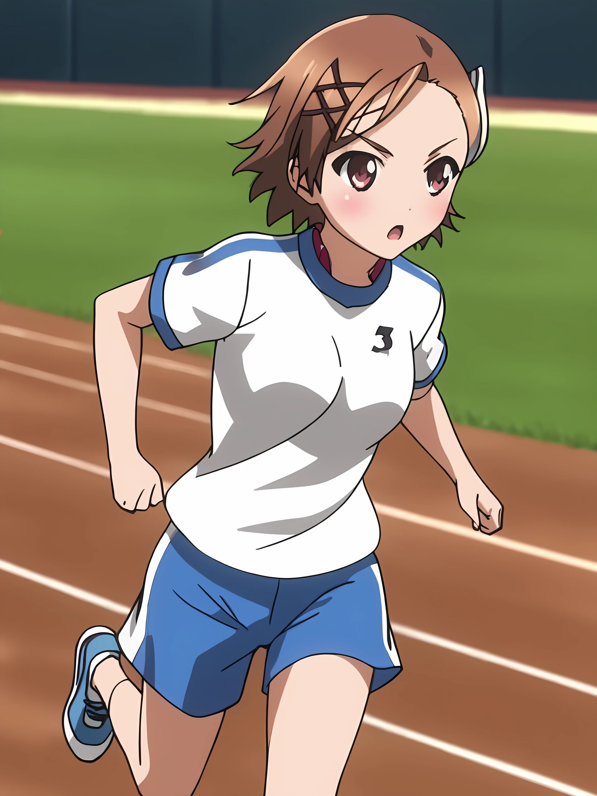 score_9, score_8_up, score_7_up, source_anime,anime screencap,anime coloring, official style, uncensored, perfect quality, masterpiece, on a track and field running track,
 <lora:Kurashima_Chiyuri:.8>1girl, solo, Kurashima Chiyuri, Brown hair, short hair, medium breasts, Gym uniform, blue gym shorts, white shirt, gym uniform, (girl running really fast), motion lines, motion blur