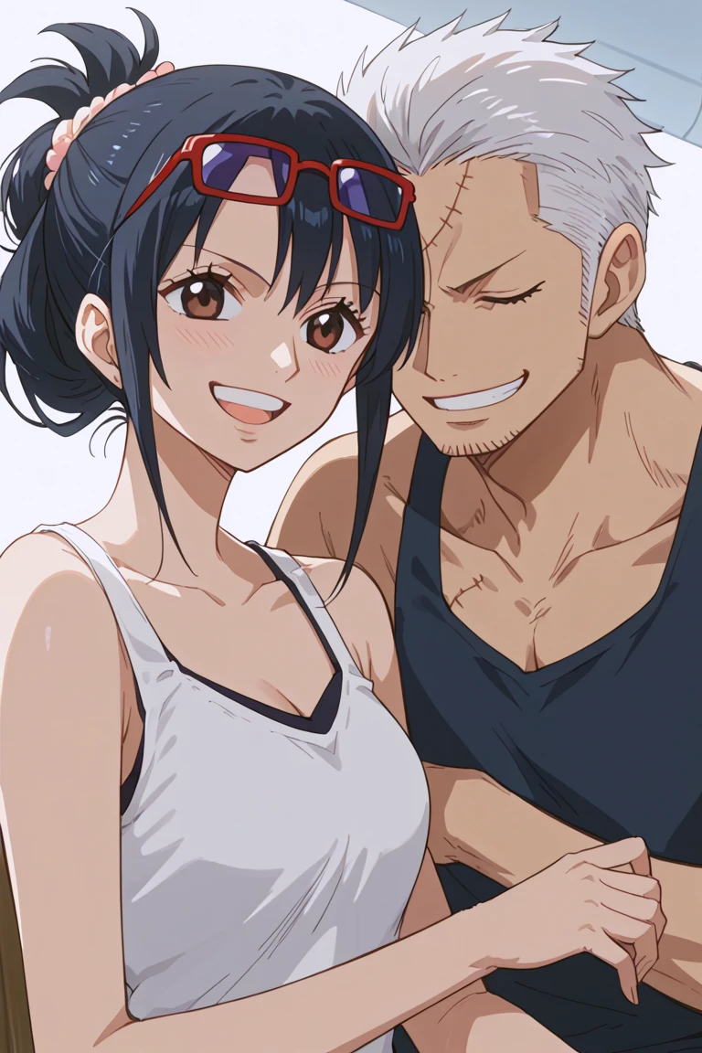 score_9, score_8_up, score_7_up, source_anime, rating_safe, SmokerOP, white_Smoker_hair, black_Smoker_scar across eye, closed eye, tank top, 1boy, couple focus, TashigiOP, dark blue_Tashigi_female hair, red_Tashigi_eyewear on head, 1girl, anime screencap, wide smile, teeth, cute wallpaper