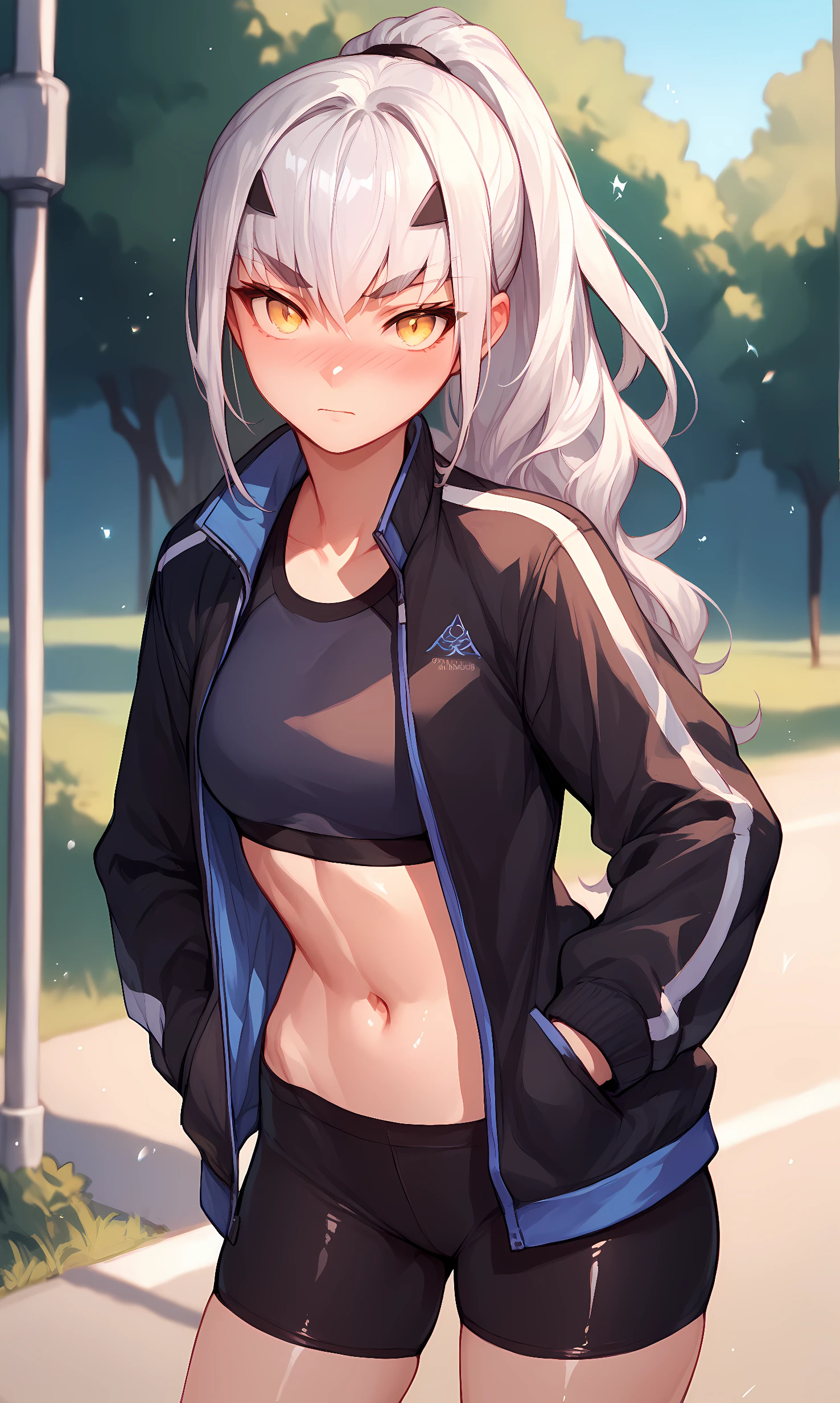 score_9, score_8_up, score_7_up, BREAK source_anime, 1girl, solo, outdoors, park, cowboy shot, looking at viewer, nose blush, shiny skin, melusine, yellow eyes, white hair, long hair, high ponytail, sidelocks, hair ornament, forked eyebrows, sports bra, navel, bike shorts, black shorts, shiny skin, black jacket, track jacket, long sleeves, hand on pocket, close-up