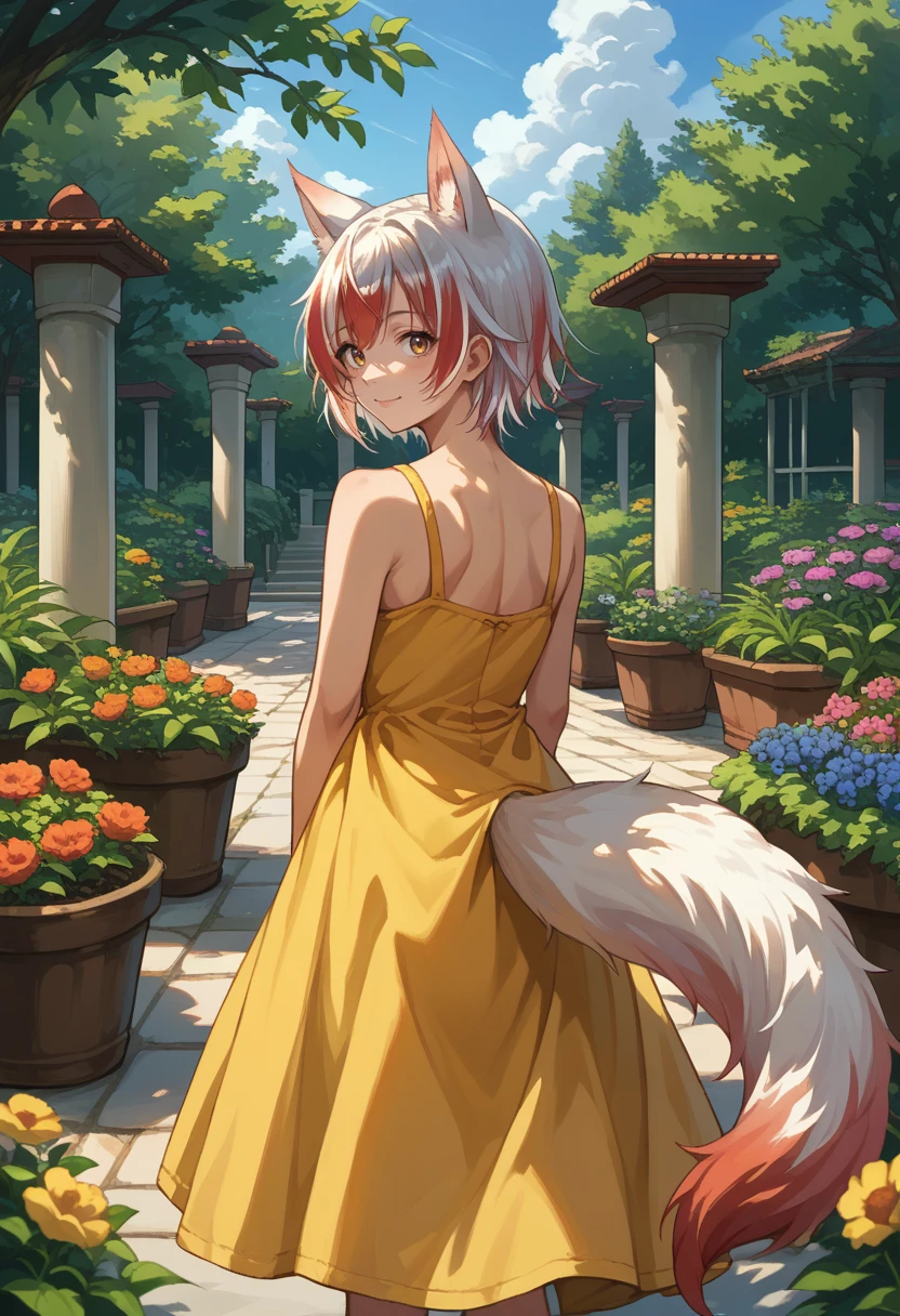 score_9, score_8_up, source_anime, 1girl, solo, KohakuSyusetsu, multicolored hair, animal ears, tail, short hair, from behind, yellow sundress, garden, day, sunshine, smile, looking back, <lora:ChamKohakuSyusetsuPonyXL:1>