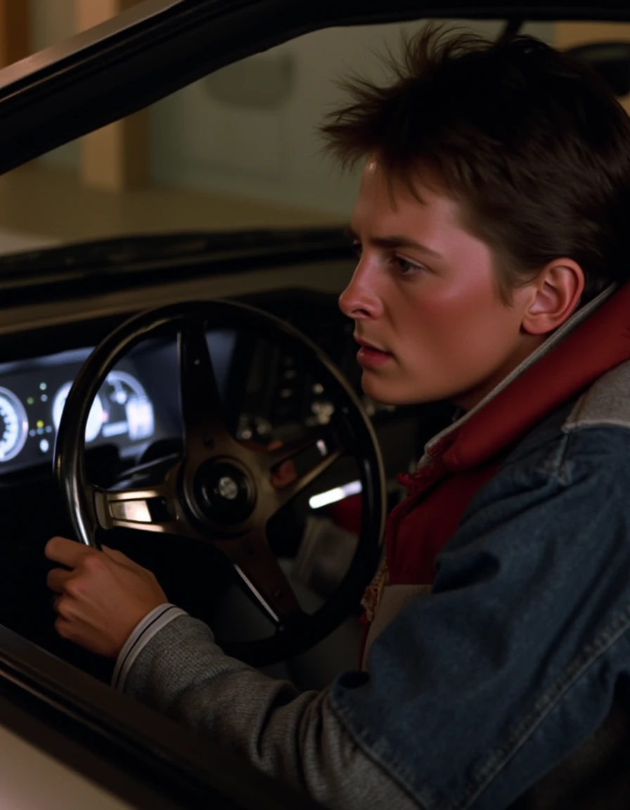 Marty McFly inside the DeLorean, gripping the wheel, determined expression, dashboard glowing, futuristic dials and displays, preparing for a time jump, sleek metallic reflections, inspired by 80s sci-fi, high contrast lighting, cinematic tension, photorealistic detailing.