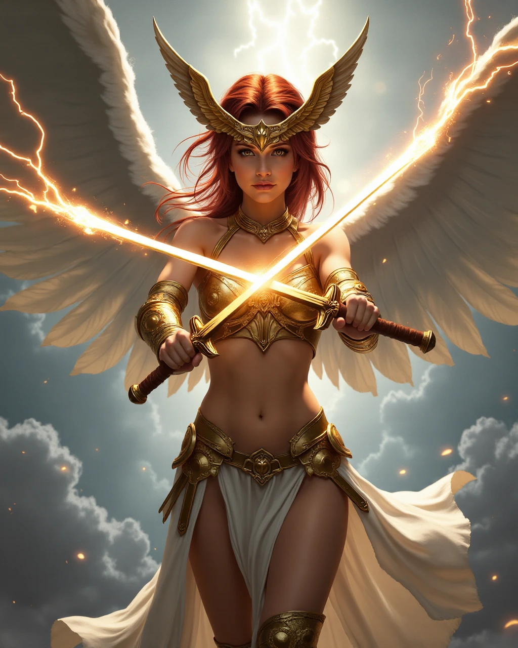 realistic digital painting of a young woman slashing her swords through the air in front of her, concussive blast splitting the air, softcore pornography, sexual fantasy art, front profile, solo focus, full body, (nsfw:1.3), (sexy:1.2), dark red hair worn in a low ponytail flowing behind her, hourglass figure, pale white skin, [Arbiter from Raid Shadow Legends], action pose striking forward with her swords, gold plate bikini armor, winged half-pauldrons and upper arm armor, bare shoulders, gold scale and white leather battle skirt, slit-thigh flowing white sheer dress, exposed thigh, golden greaves, very long flowing white cape, bare shoulders, bare back, (Valkyrie headpiece with large wings on the sides:1.4), deity, goddess, powerful, devastating, heavenly background, clouds, thunderstorm, lightning, volumetric fog, backlit, shadows, silhouette, (asymmetrical background:1.3)