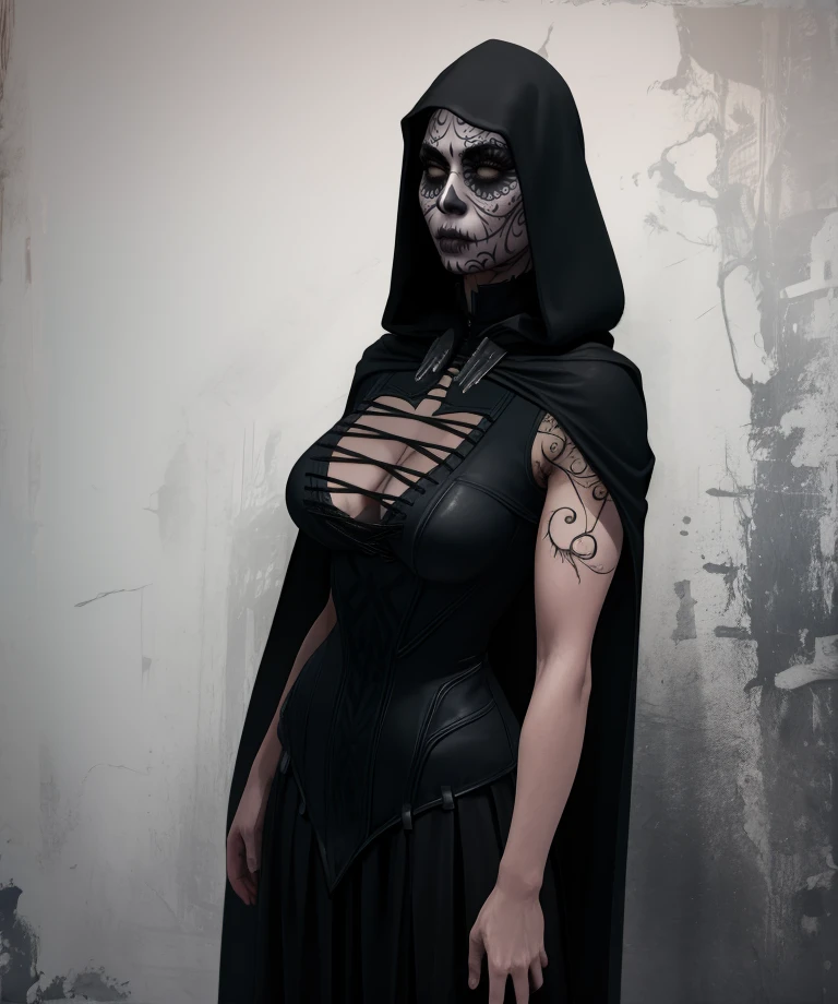 ladethdp,white eyes,facial mark,
hood,black dress,cleavage,cape,
standing,upper body,
night,dark shadows,
(insanely detailed, masterpiece, best quality) solo,<lora:LadeathDP:0.8>,