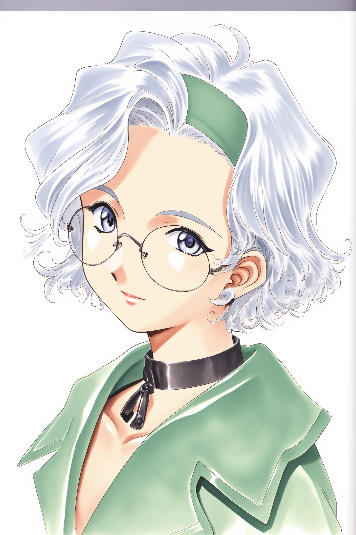 Lobelia Carlini,solo,1girl,round glasses,green hairband,short hair,choker,white wavy hair,white background,grey eyes,collar,portrait,green clothes,traditional media,
<lora:Sakura Wars_FLUX:1.3>,