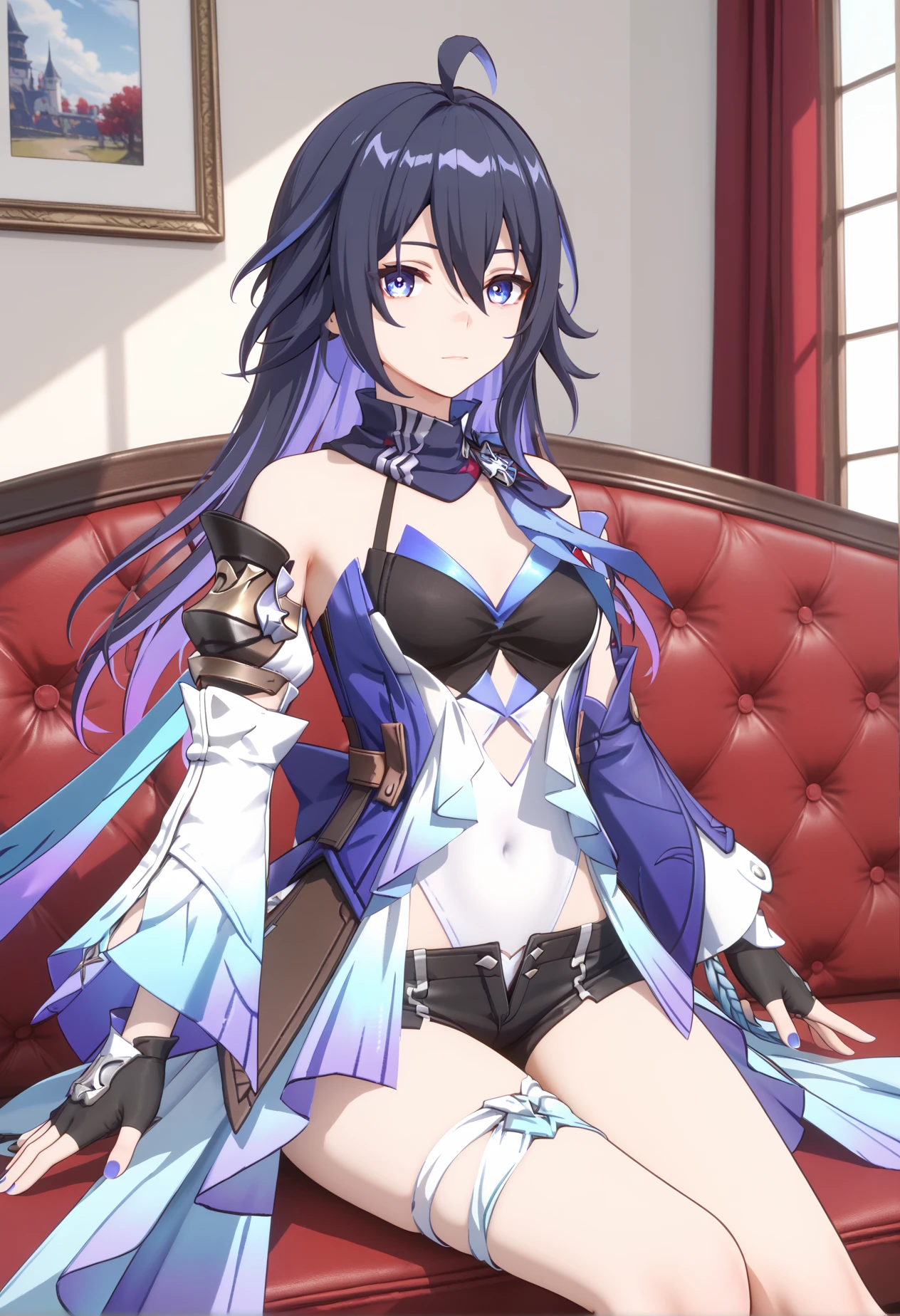 1girl, seele (honkai: star rail), looking_at_viewer, single thigh_ribbon, detached_sleeves, original dress, blue scarf, single_fingerless_glove, black shorts, short_shorts, 
sitting, covered_navel, 
indoors, 
score_9, score_8_up, score_7_up, 8k, masterpiece, best quality, perfect anatomy, very aesthetic, absurdres, intricate detailed, 