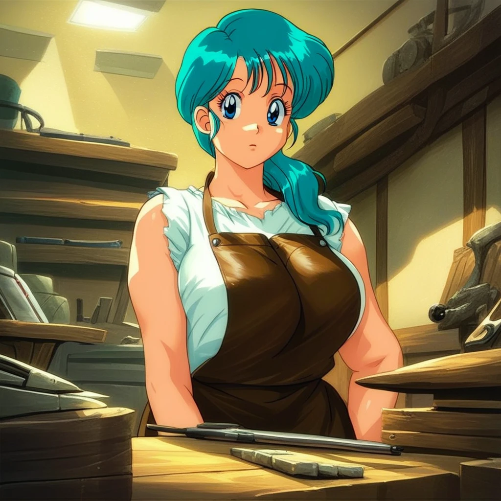 source_anime,  artist style:Urushihara Satoshi, source_hentai, source_dbz, 1woman, looking at viewer, facing viewer, score_9, score_8_up, score_7_up, score_6_up, BL4CKSM1TH, blacksmith, apron, leather, BREAK, 1girl, solo, bulma, milf, large breasts, black_apron, aqua_hair, blue_eyes, perfect face, perfect eyes, sexy, sexy girl, seductive, beautiful eyes, petite body, wide hips, large breasts, posing, dynamic angle, dynamic, workshop, anvil, flames, retro_artstyle