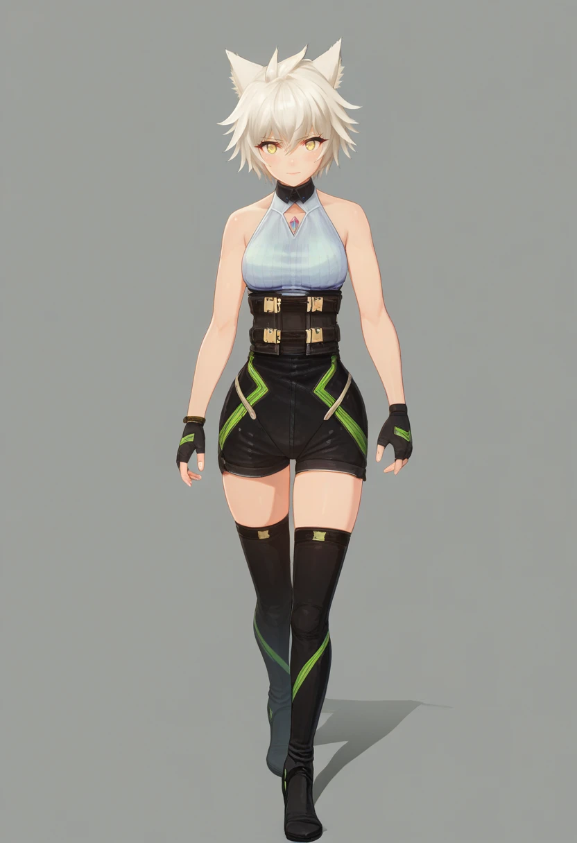 score_9, score_8_up, score_7_up, 1girl, walking, solo full body, chest jewel, high heels, bare arms, corset, ribbed shirt, high-waist shorts, striped thighhighs, fingerless gloves, pale yellow eyes, messy hair, na'el, simple background <lora:nael xl 086:1>