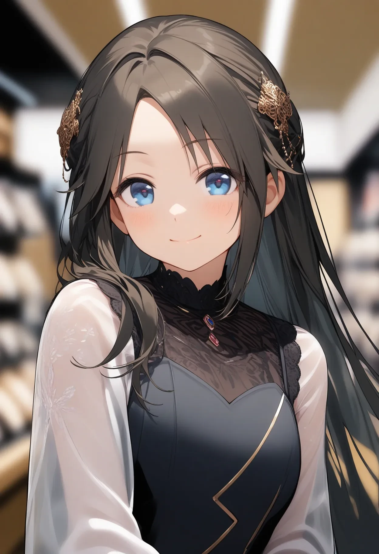 y_mitsumine,
1girl, solo, long hair, ring, black hair, blue eyes, smile, looking at viewer, parted bangs, jewelry, upper body, nail polish, blurry, blurry background, hair ornament, black nails, bangs, dress, blush, closed mouth, floating hair, see-through, long sleeves, jitome,
masterpiece, best quality, very aesthetic, absurdres
<lora:y_mitsumineXL_animagine:1>