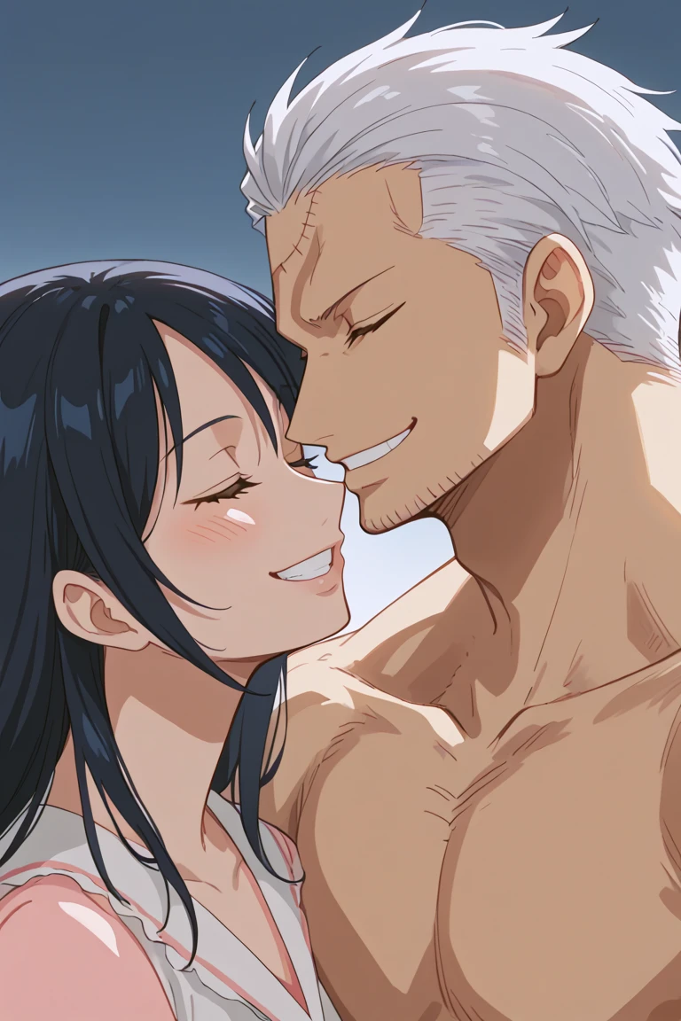 score_9, score_8_up, score_7_up, source_anime, rating_safe, SmokerOP, white_Smoker_hair, black_Smoker_scar across eye, closed eye, 1boy, couple focus, TashigiOP, dark blue_Tashigi_female hair, 1girl, anime screencap, wide smile, teeth, cute wallpaper