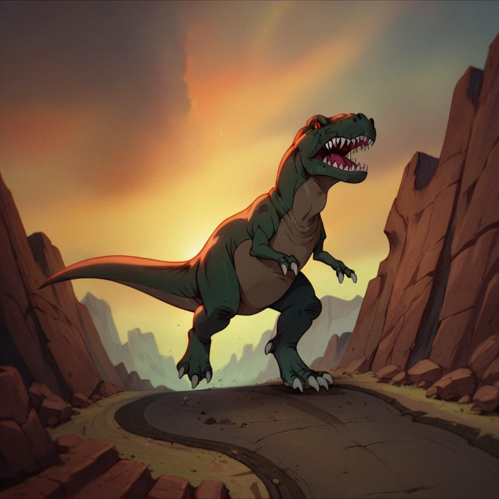 score_9, score_8_up, score_7_up, score_6_up, source_furry, Sharptoothlbt, feral, male, Tyrannosaurus, theropod, dinosaur, scalie, green skin, red eyes, red sclera, running through a canyon, <lora:7c86ed13-2219-466c-a6a8-12d6f34208c0:0.7>