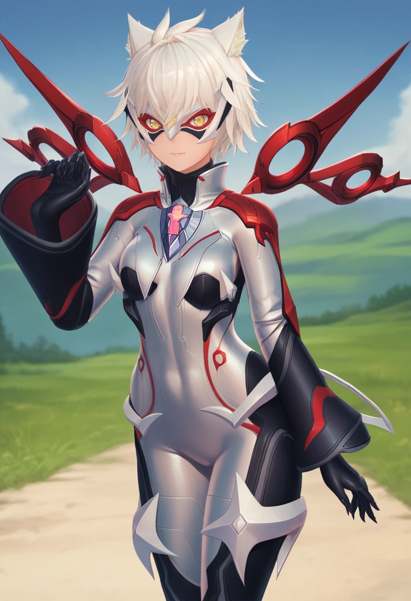 score_9, score_8_up, score_7_up, 1girl, solo, cowboy shot, multicolored bodysuit, aegis core, bodysuit sleeves, bodysuit gloves, mask, mechanical wings, pale yellow eyes, messy hair, na'el, outdoors <lora:nael xl 086:1>