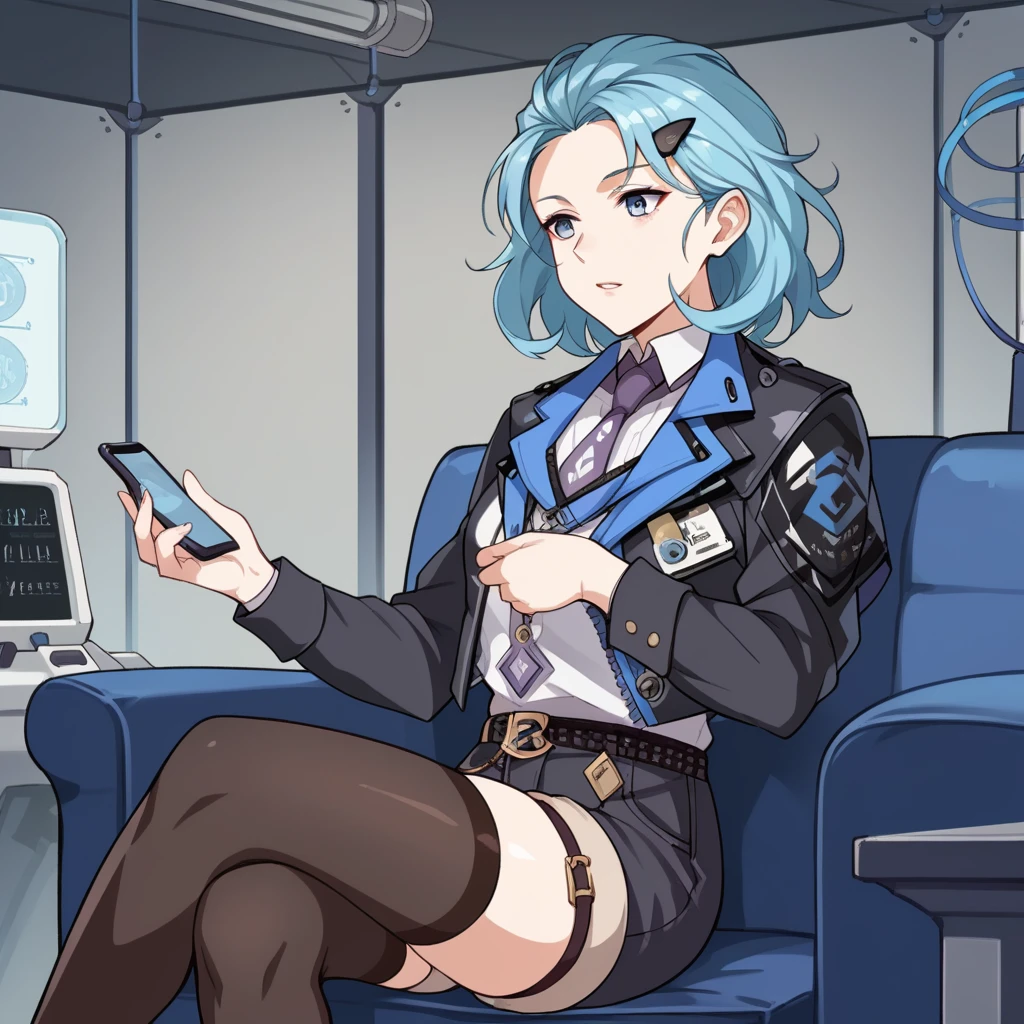 score_9_up, score_8_up, score_7_up, source_anime, masterpiece, best quality, 1girl, solo, Einstein_Hi3, Eins_Alt, laboratory, holograms, lab shelves, ceiling light, lying on couch, reclining, crossed legs, holding phone, interested, parted lips, blue hair, short hair, blue eyes, hairclip, cropped jacket, black jacket, collared shirt, purple necktie, black thighhighs, thigh strap, jewelry, black shorts, tight shorts, long sleeves, belt, see-through capelet, mature body, dynamic cowboy shot, indoors, laboratory facility background