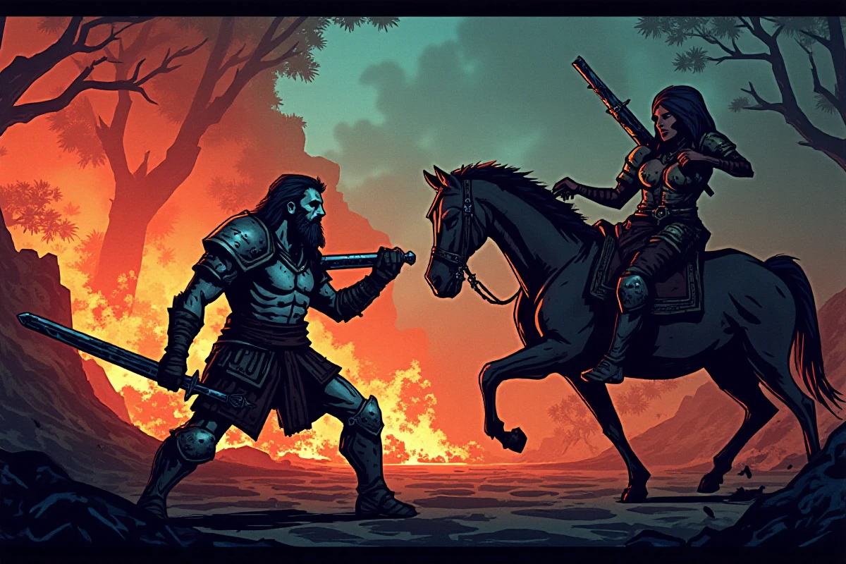 illustration of a fighting scene in the style of DarkestDungeon
<lora:AvaCadava_DarkestDungeon_FLUX:1>