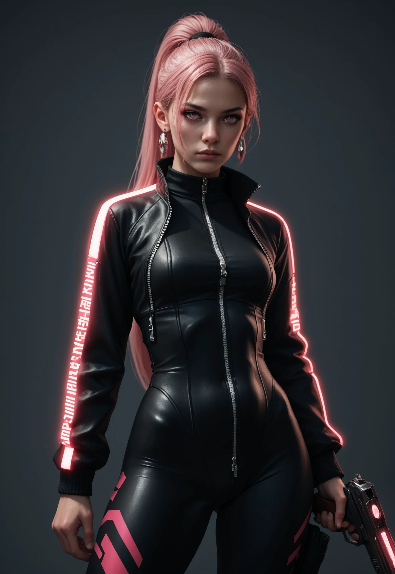 Score_PnyReal, A cinematic half body shot, 1girl, weapon holding, gun in hand, pink hair, pink eyes, earrings, makeup, ruanyi0608, pantyhose, bodysuit, glowing, revealing clothes, sideless outfit, high ponytail, very long hair, zipper fur-trimmed jacket, 