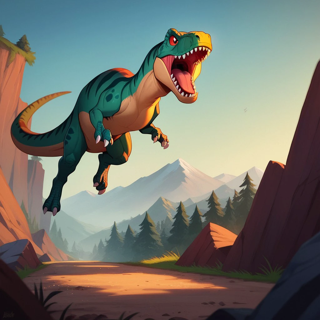 score_9, score_8_up, score_7_up, score_6_up, source_furry, Sharptoothlbt, feral, male, Tyrannosaurus, theropod, dinosaur, scalie, green skin, red eyes, red sclera, running through a canyon, <lora:cbd5649f-12a9-49eb-8f5e-d6343822b051:0.7>