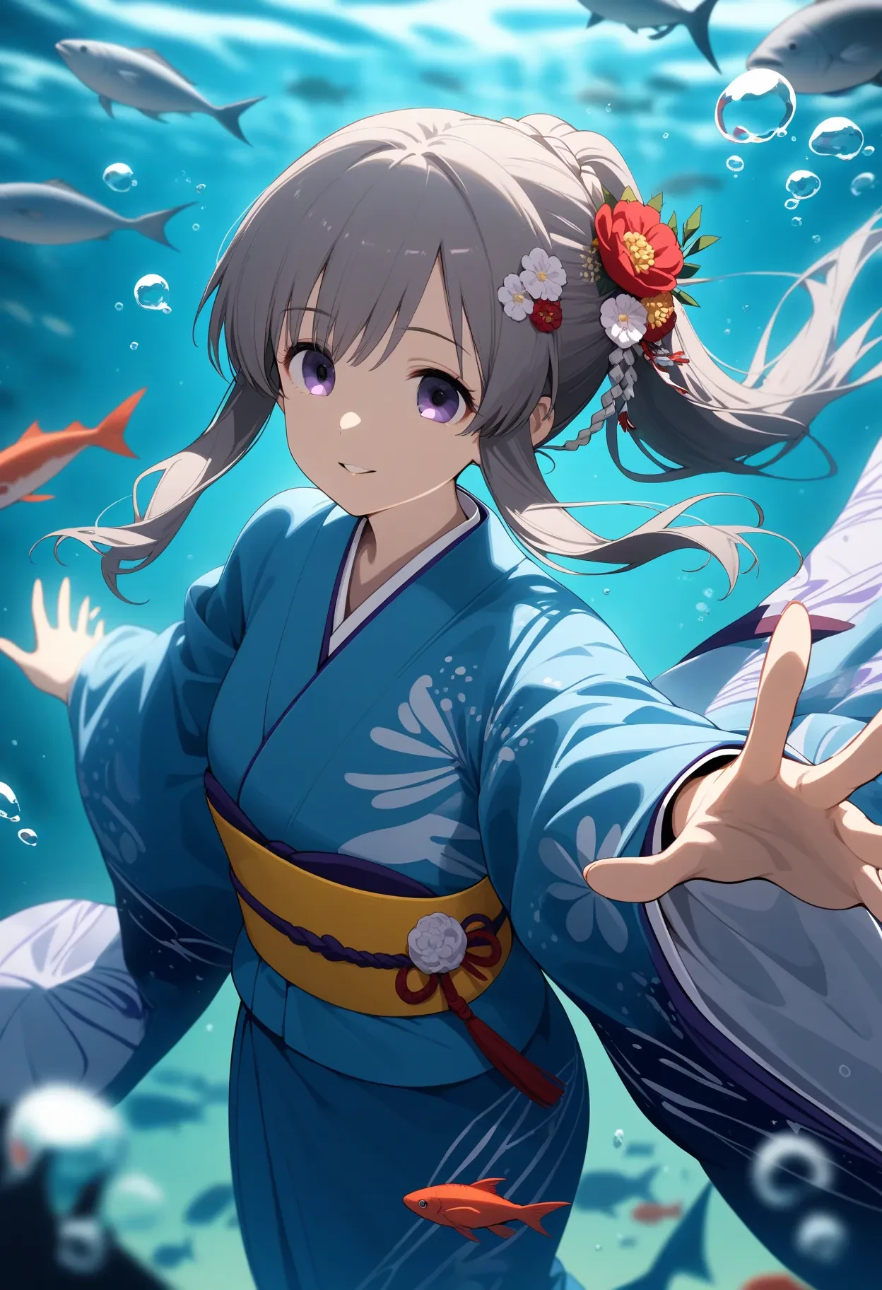 k_yukoku,
1girl, kimono, japanese clothes, solo, long hair, obi, purple eyes, sash, fish, braid, depth of field, underwater, hair ornament, bubble, air bubble, hair flower, flower, grey hair, smile, outstretched arms, blue kimono, bangs, long sleeves, parted lips, ponytail, sidelocks,
masterpiece, best quality, very aesthetic, absurdres
<lora:k_yukokuXL_animagine:1>