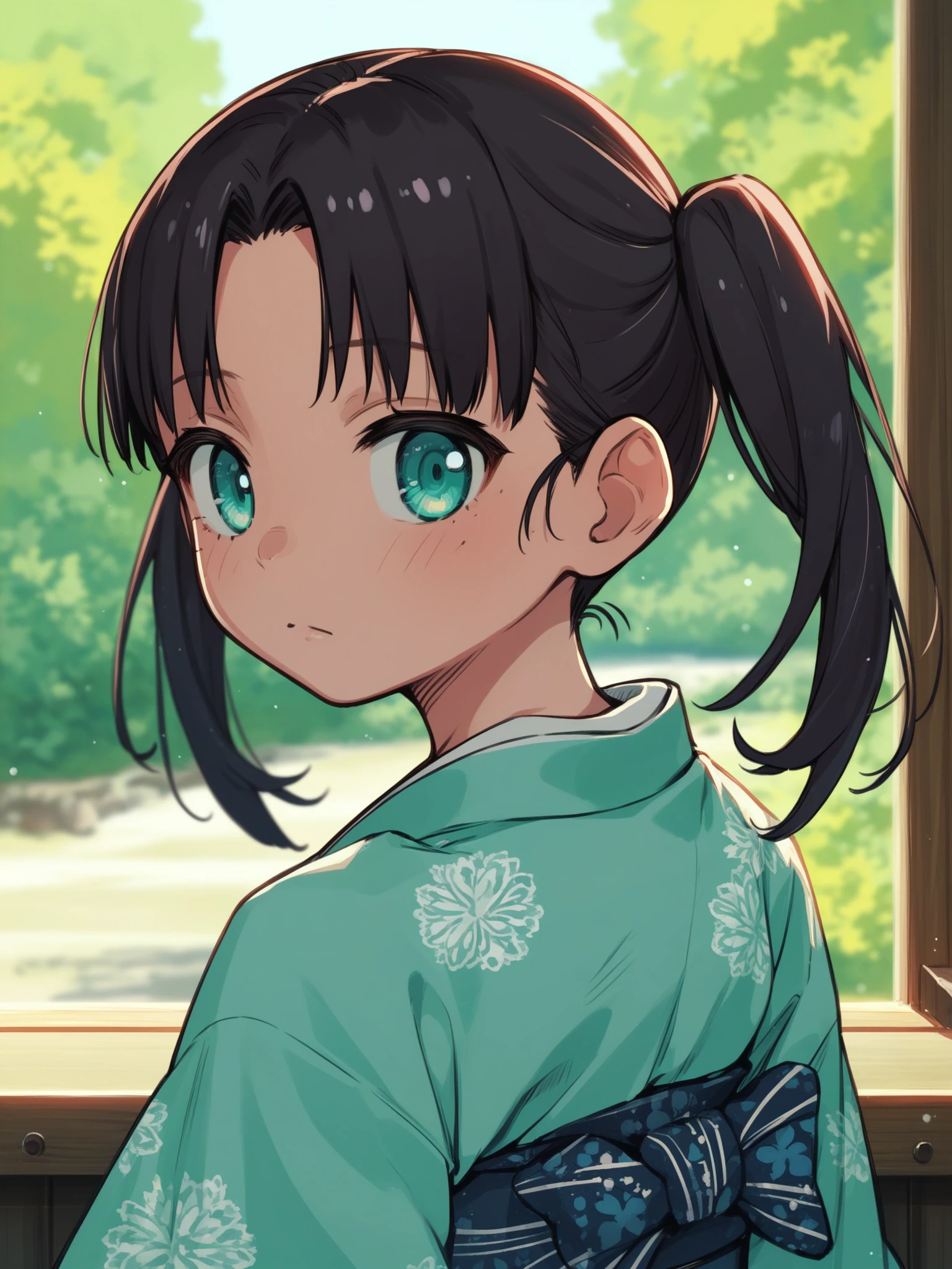 <lora:happy_tentacle-minori-v0.2-000027:1> , ht_minori, twintails, black hair, aqua eyes, kimono , outdoors, , 1girl, solo, portrait , jitome , ( exhausted :1), , looking back , , facing viewer , score_9, score_8_up, score_7_up, score_6_up, score_5_up, score_4_up