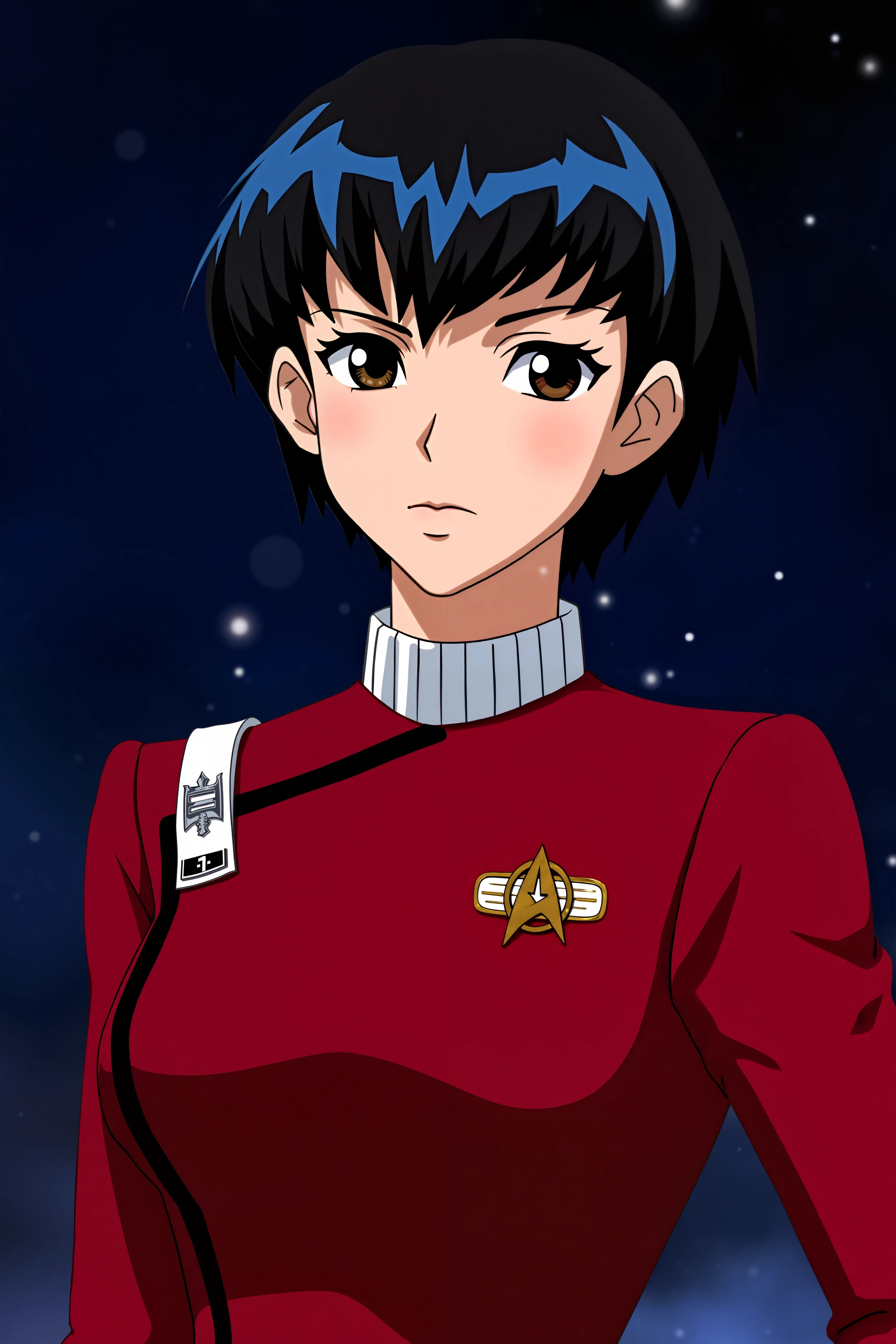 An anime-style portrait of a character wearing a red TWOK uniform with white collar. The character has a sleek, futuristic look with sharp, defined features and expressive, large eyes that gleam with a hint of curiosity. Their hair is styled in a modern, dynamic cut, with vibrant blue streaks that complement the uniform’s color. The uniform itself is impeccably detailed, featuring the signature sleek, form-fitting design with high collar and Starfleet insignia prominently displayed on the chest. The background is a starry space scene with a subtle hint of a distant galaxy, creating a dramatic contrast that highlights the uniform’s deep blue hue. The overall composition captures the essence of both the anime aesthetic and the iconic Star Trek universe, blending futuristic elements with vibrant, animated charm.