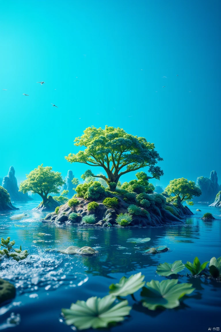 a medium-angle shot captures a vibrant blue sky
adorned with a vibrant array of green leafy plants
adding a pop of color to the otherwise monochromatic composition. The scene is set against a backdrop of a deep blue
dotted water
creating a striking contrast to the scene. In the foreground
a small tree stands on a rock
adding depth to the composition. A few birds fly in the sky
adding to the overall composition.