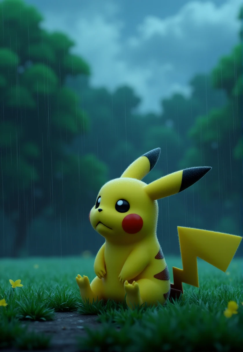 <WARNING: Don't remix this at the listed strength, bring it down to 1.0 - 1.2!>
mariorpgstyle, pikachu sitting down looking sad in a rainy field.  