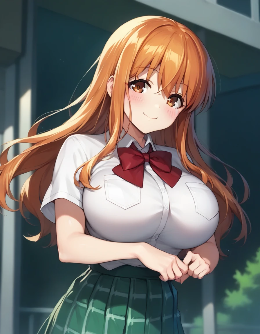 score_9,score_8_up,score_7_up,score_6_up BREAK official art,solo,outdoors,cowboy shot,looking at viewer,facing viewer,smile,blush,Aki Minami,long hair,orange hair,sidelocks,hair between eyes,bangs,brown eyes,school uniform,red bowtie,white shirt,collared shirt,dress shirt,pocket,large breasts,skindentation,short sleeves,miniskirt,green skirt,pleated skirt,plaid skirt,black socks,loafers,<lora:Aki Minami(hc)-Pony:1.5>,<lora:Smooth Anime Style LoRA XL:0.8>,