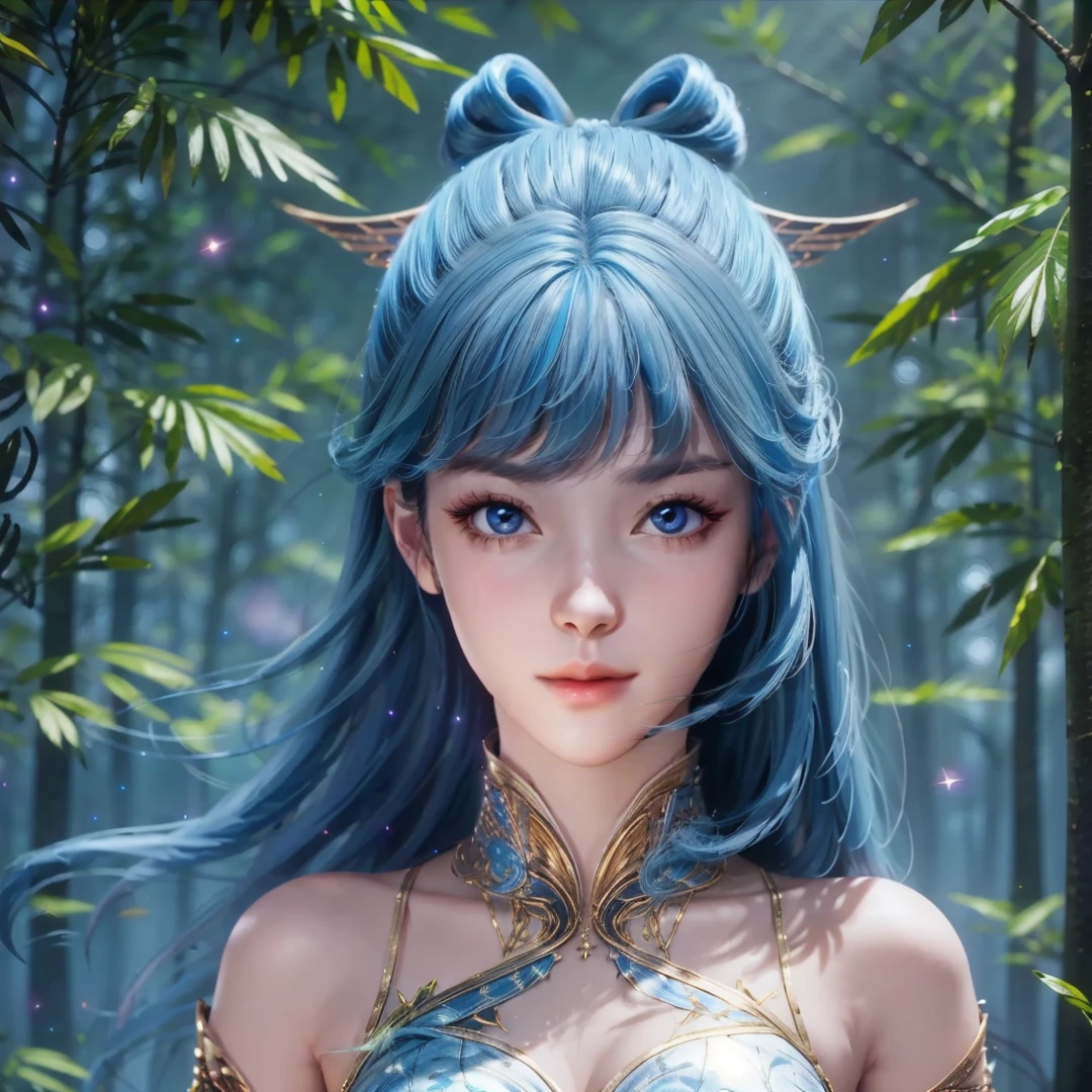 1girl,solo,long hair,blue hair,blue eyes,hair ornament,looking at viewer,forest,blurry,glowing particles,Highly detailed,(ultra-detailed),(best quality,masterpiece:1.5),