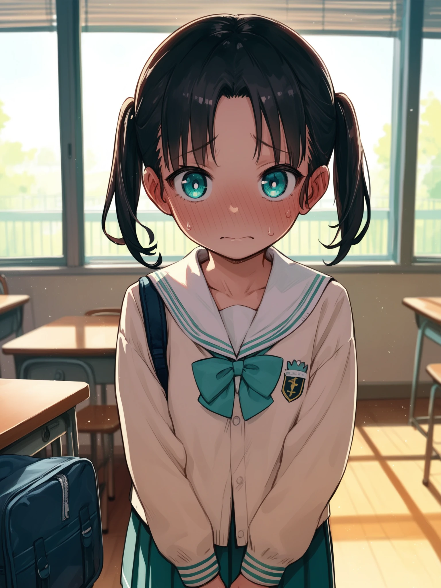 <lora:happy_tentacle-minori-v0.2-000027:1> , ht_minori, twintails, black hair, aqua eyes, school uniform , indoors, 1girl, solo, , , (embarrassed :1.2), , looking at viewer , standing , facing viewer , score_9, score_8_up, score_7_up, score_6_up, score_5_up, score_4_up