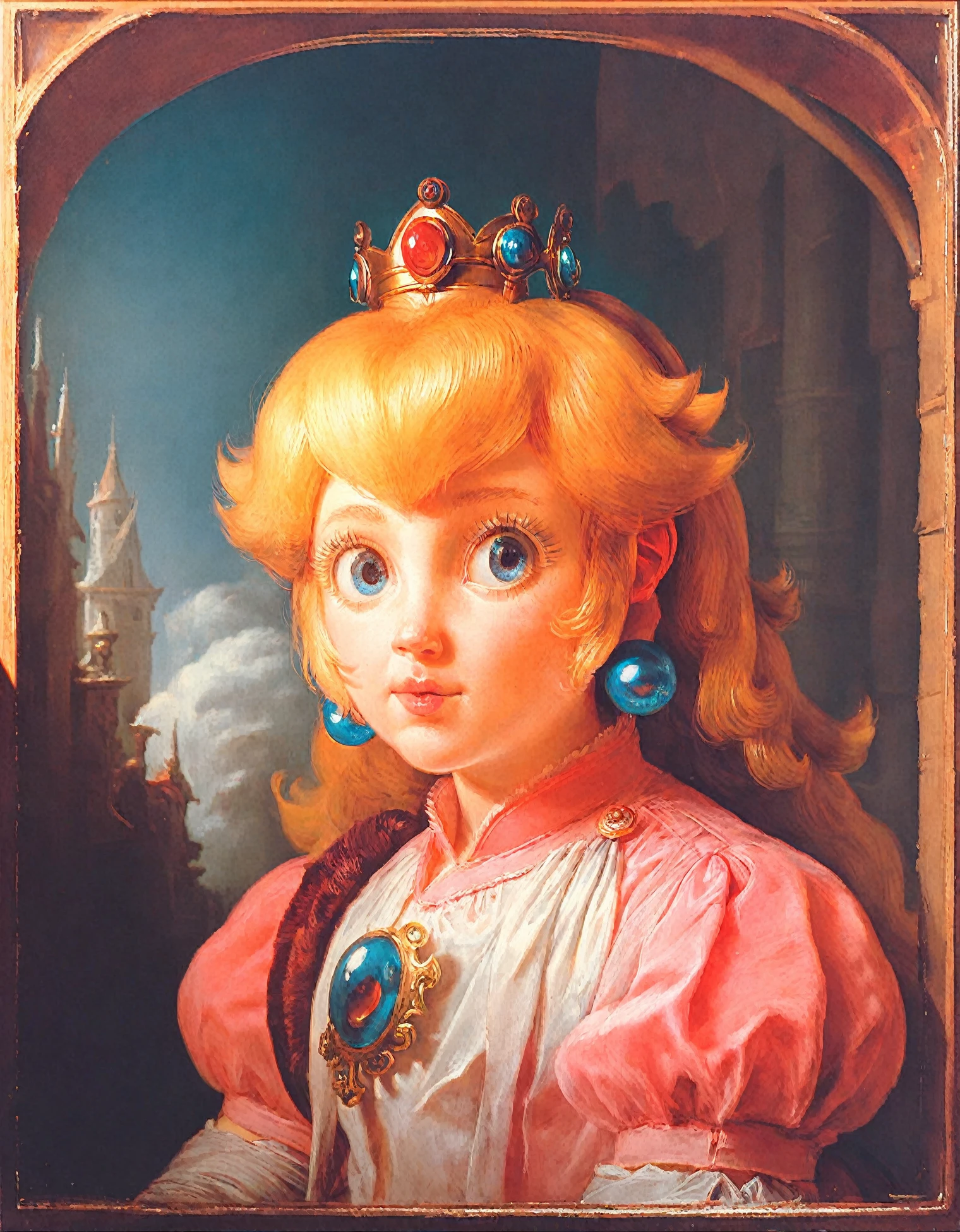 <lora:gerrit-dou_pony_v1:1>     'Portrait of princess peach ' by dou gerrit in,genre painting \(genre\),baroque \(style\),female-portraits,<lora:peach_mario_merged_v1:1>, score_9, score_6_up, score_7_up