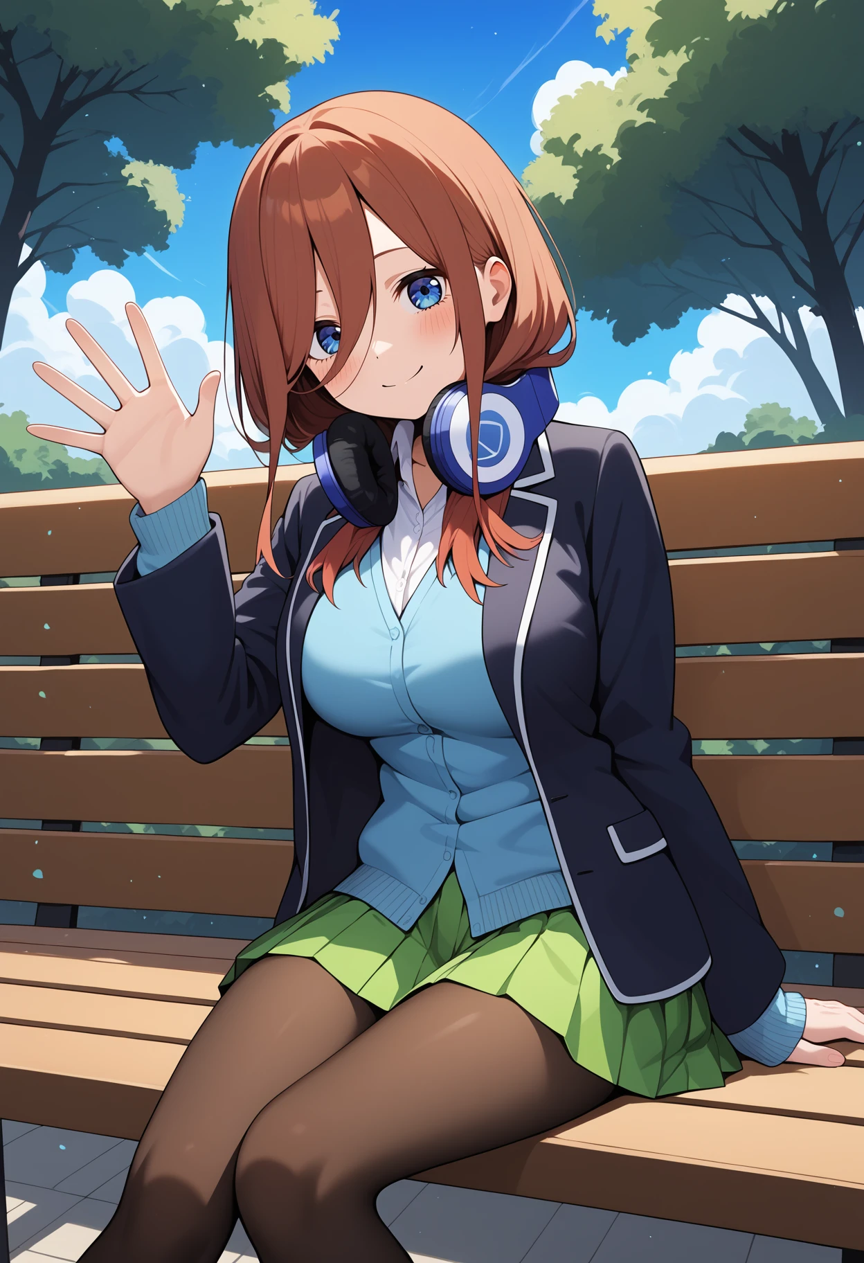 score_9, score_8_up, score_7_up, score_6_up, score_5_up, score_4_up, source_anime, aamiku, long hair, brown hair, blue eyes, headphones, headphones around neck, breasts, white shirt, light blue cardigan, blazer, black jacket, open jacket, long sleeves, pleated skirt, green skirt, black pantyhose, <lora:nakano_miku_ponyxl_v1:0.9>, sitting, bench, outdoors, waving, smile,