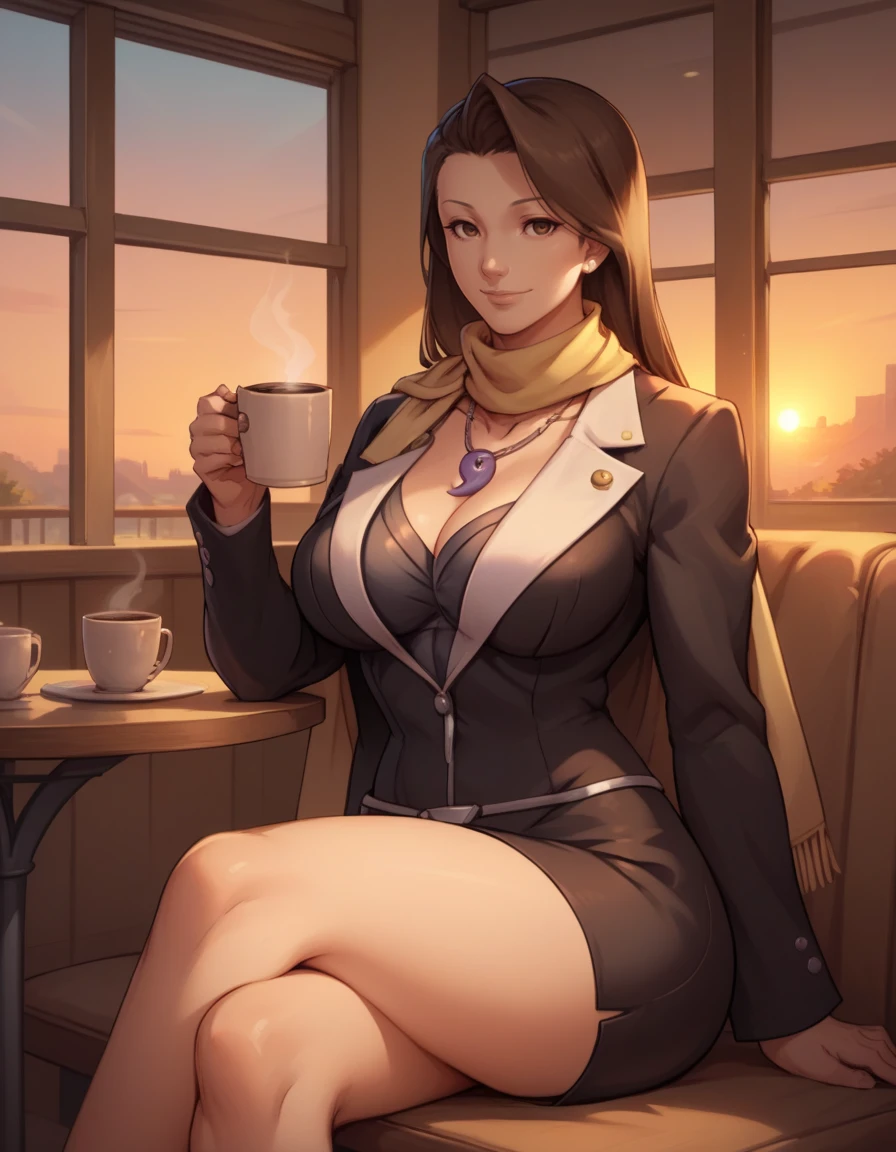 score_9, score_8_up, score_7_up, 
1girl, solo,
large breasts,
miafeyattorneydg, mature female, 
long hair, brown hair, brown eyes, 
jacket, necklace, scarf, skirt, magatama necklace, blazer,
sitting, crossed legs, cafe, sunset, coffee, 
light smile,
 <lora:Mia Fey Attorney PXL v01:0.90>