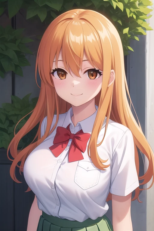 ((masterpiece)),(best quality),official art,extremely delicate and beautiful,extremely detailed CG,unity 8k wallpaper,ultra detailed,beautiful detailed eyes,extremely detailed face,outdoors,1girl,solo,upper body,(portrait:1.5),looking at viewer,facing viewer,smile,Aki Minami,long hair,orange hair,sidelocks,hair between eyes,bangs,brown eyes,school uniform,red bowtie,white shirt,collared shirt,dress shirt,pocket,large breasts,skindentation,short sleeves,miniskirt,green skirt,pleated skirt,black socks,loafers,<lora:Aki Minami(hc)>,