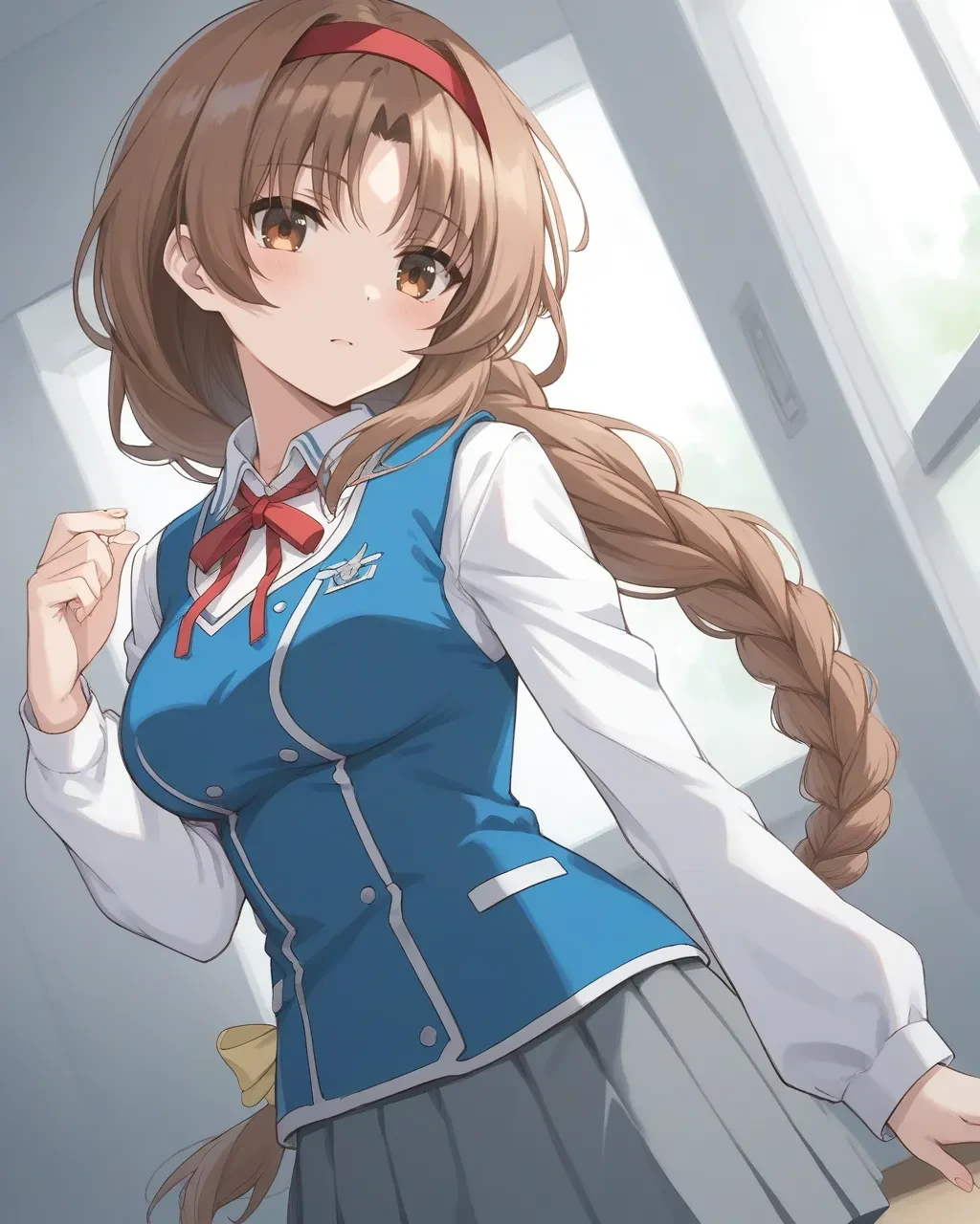 score_9,score_8_up,score_7_up,best quality, 4k, rating_safe, very aesthetic, source_anime,1girl,
<lora:Takao:0.9>,takao,brown hair,brown eyes,long hair,single braid,red hairband,neck ribbon,white shirt,long sleeves,blue vest,gray skirt,school uniform,
dynamic angle,cowboy shot,