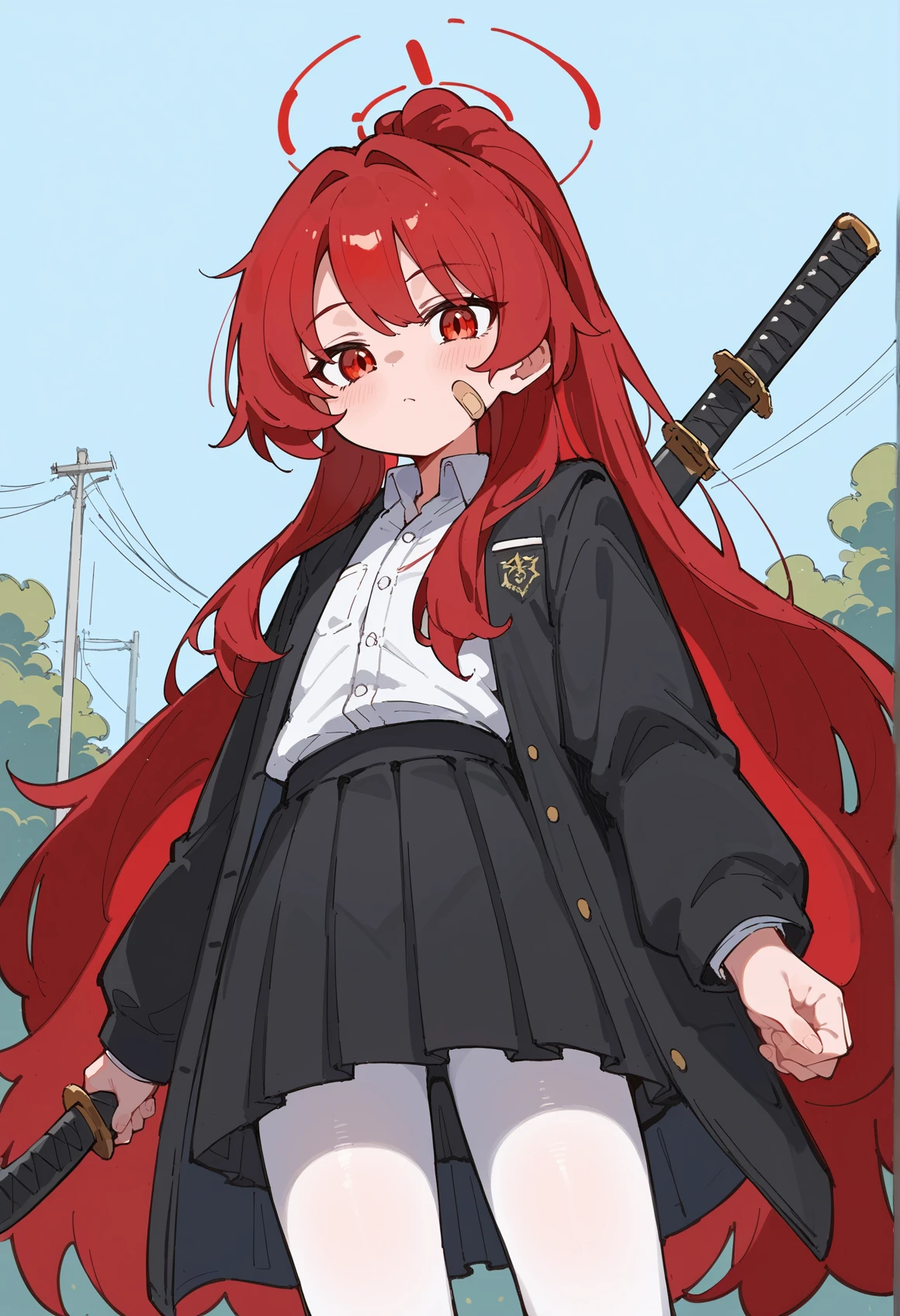 1girl, halo, bandaid on cheek, ponytail, absurdly long hair, red hair, messy hair, sidelocks, red eyes, school uniform, white shirt, black jacket, black skirt, white pantyhose, holding katana, looking at viewer, outdoors <lora:ashiharatsumori_koito_project_KV:1>, score_9, score_8_up, score_7_up, score_6_up, score_5_up, score_4_up, BREAK source_anime, masterpiece