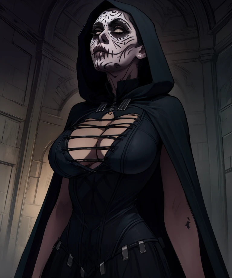 ladethdp,white eyes,facial mark,
hood,black dress,cleavage,cape,
from below,
night,dark shadows,
(insanely detailed, masterpiece, best quality) solo,<lora:LadeathDP:0.8>,