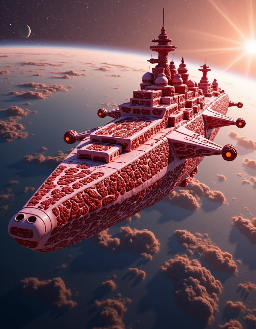 Futuristic battleship made entirely of meat, orbiting a planet in space. Stars, galaxy.