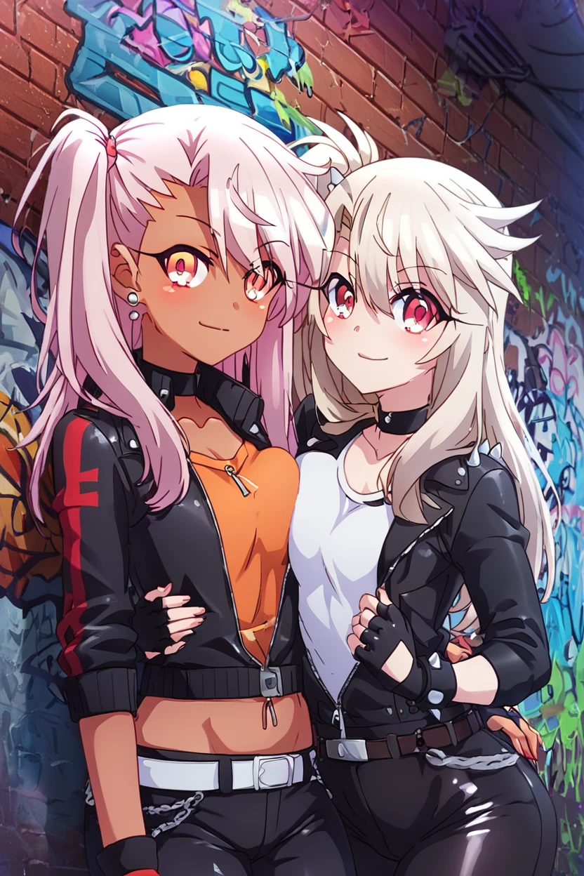 score_9, score_8_up, score_8, (big breasts), (curvy), cute, eyelashes,      rating safe,   BREAK,  2girls,  chloe von einzbern, yellow eyes, pink hair, long hair, one side up, dark skin,   illyasviel von einzbern, red eyes, white hair, long hair, red eyes,  ,,,    leather jacket, leather pants, black jacket, tight pants, black choker, zipper, fingerless gloves, biker clothes, spikes,  multiple belts, shiny clothes, high collar, (graffiti:1.2), brick wall,  ,,, smile, looking at viewer,   ,,, embedding:zPDXL, Expressiveh,  <lora:PrismaIllya_PDXL_v3:1.0> <lora:SDXLFaeTastic2400:0.5>,  <lora:Expressive_H-000001:0.4>,