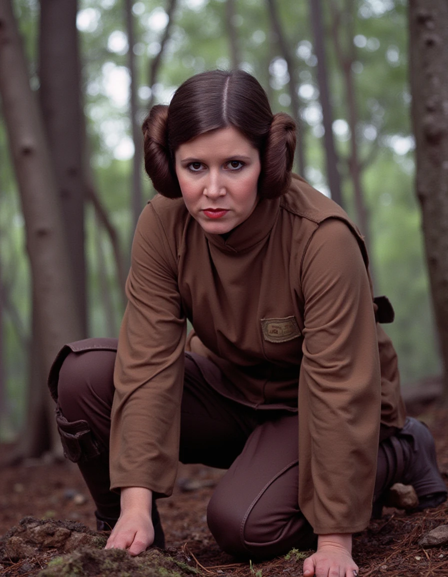 Carrie Fisher as Princess Leia in Return of the Jedi, wearing the brown Endor gear, crouching in the forest as she strategizes with the Rebel troops. Her sharp eyes reflect her tactical genius and unwavering courage.
