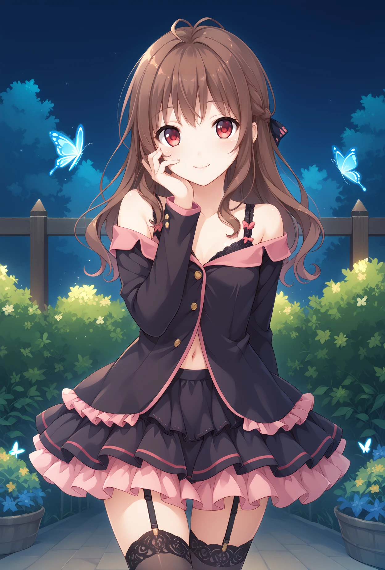 score_9, score_8_up, score_7_up, score_6_up, score_5_up, score_4_up,anime source,
   ensemble style, aoi(ensemble), red eyes, brown hair, hair ribbon, long hair,,smile,
  sweetdevil, off shoulder, frilled skirt,layered skirt, garter straps, black thighhighs,butterfly hair ornament,navel,bra,
hand on own face,arm at side, 
garden, night,wooden fence,<lora:AoiXLPony:1>,<lora:sweetdevilXLPony:1>