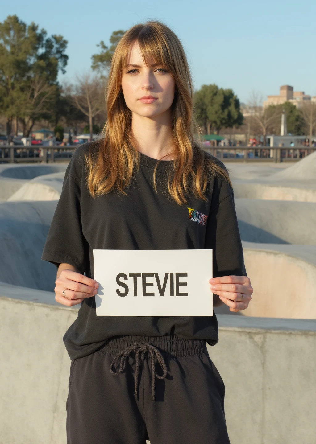 A picture of a woman in a skate park, she's holding a sign that says "STEVIE". she is wearing a large t-shirt, low fitted baggy sweatpants. she's standing with a relaxed pose and is illuminated by sunlight on a beautiful day casting hard shadows. The lighting emphasizes the texture of the contours of their face.