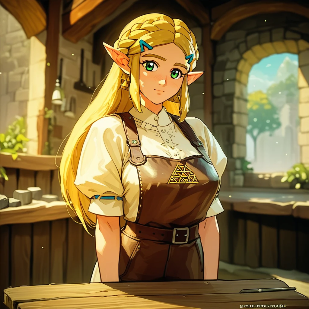 source_anime, BL4CKSM1TH, apron, leather((score_9)),score_8_up,score_7_up,score_6_up,score_5_up,score_4_up, retro_artstyle, anime style, 1woman, Princess Zelda, blonde hair, large breasts, (green eyes), looking at viewer, facing viewer, masterpiece, best quality, highres, best illumination, depth of field,