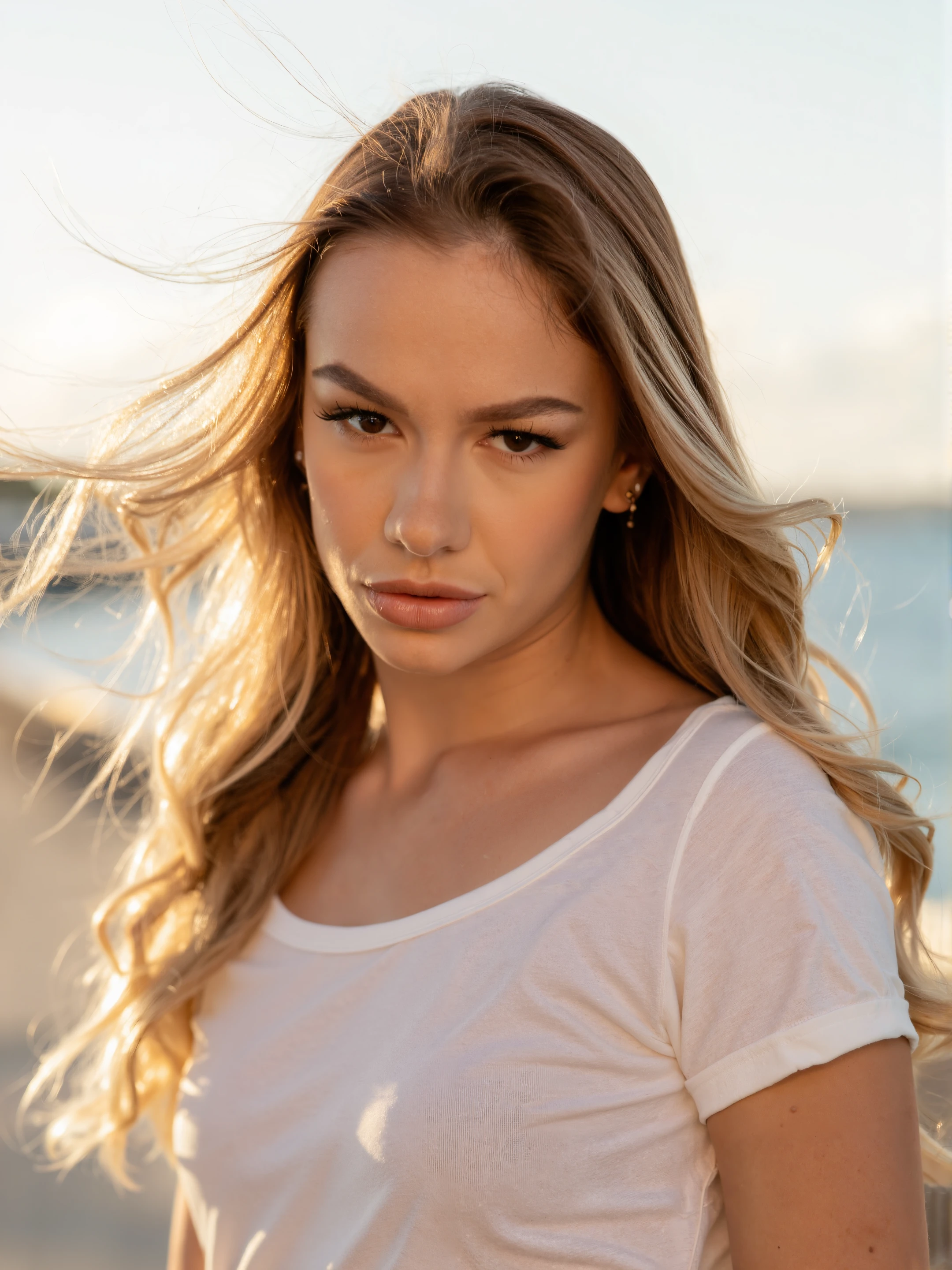the image shows a closeup portrait of a beautiful woman.
The woman is looking at the viewer with a  gaze. She is wearing a white t shirt. She has long blonde hair. Her hair is blowing in the wind.
The photo is taken on a beach promenade. The photo is taken during an early morning with early morning light shining in from the side. The sky is clear and it is windy. 