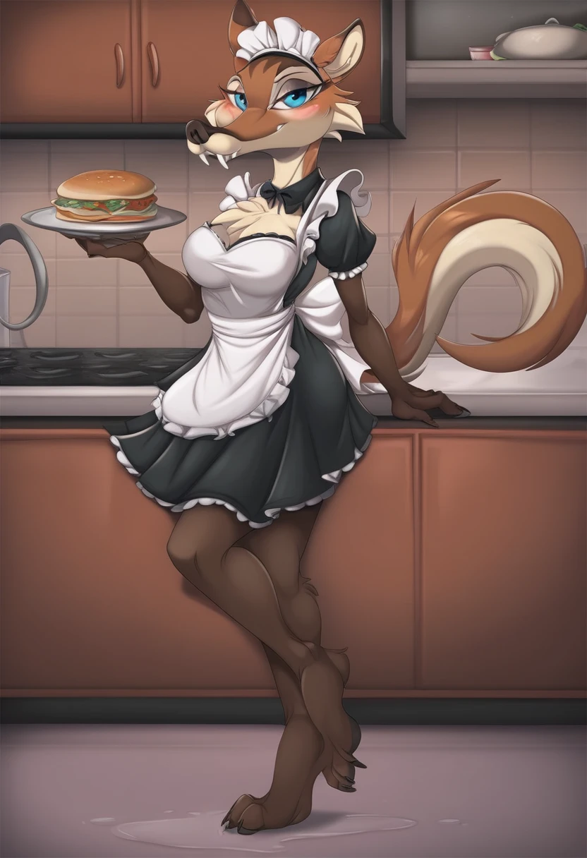 zPDXL, score_9,score_8_up,score_7_up,_up,source_cartoon, best quality, amazing quality, masterpiece, 1girl, looking at viewer, solo, wet, blush, maid, sexy maid outfit, indoor, kitchen, plant in the pot, diner, smug, visible butt, fullbody, <lora:Scratte:0.8>, scratte, fangs, saber-toothed, blue eyes, red-brown fur, xpray, <lora:xpray-03:1>