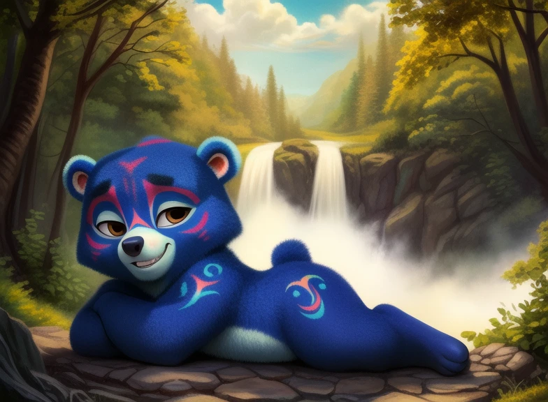 <lora:KodSpiRanYiff:1> KodSpiRan, bear, dark blue fur, chibi, brown eyes, patterns on the body, 
[  solo, (nature), forest, day, clouds, waterfall,  (lying on its side, smiling,) 
(beautiful, aesthetic, perfect, delicate, intricate, saturated colors), masterpiece, digital drawing, best quality,
[by kenket|by totesfleisch8], by thebigslick:by silverfox5213:0.8], [by syuro, by paloma-paloma::0.2, (Tricksta, TotesFleisch8)