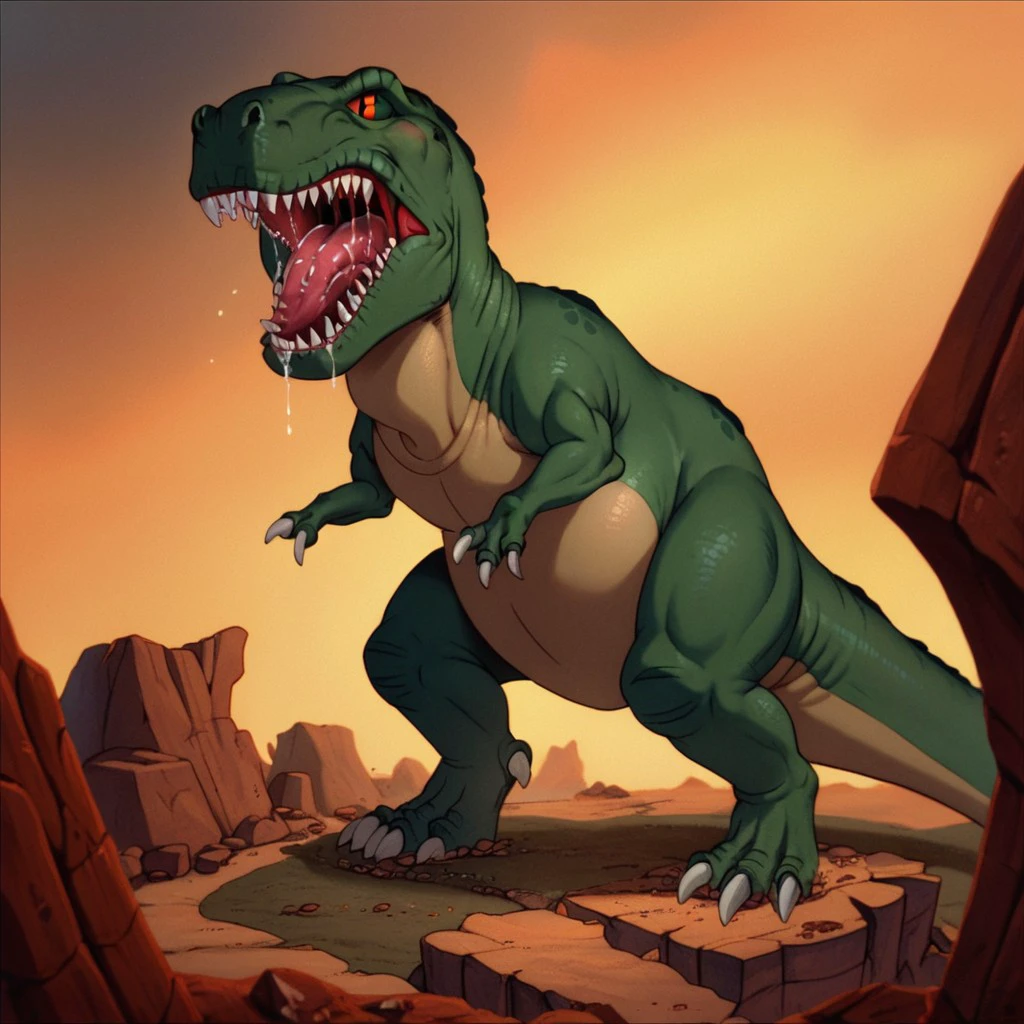 score_9, score_8_up, score_7_up, score_6_up, source_furry, Sharptoothlbt, feral, male, Tyrannosaurus, theropod, dinosaur, scalie, green skin, red eyes, red sclera, mouth open, saliva, standing, canyon background, rocks, , <lora:7c86ed13-2219-466c-a6a8-12d6f34208c0:0.7>