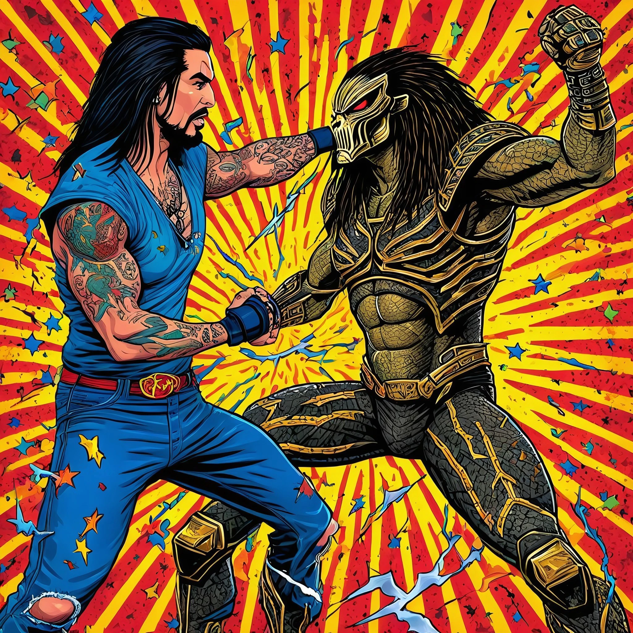 Dave Navarro engaged in hand-to-hand combat with The Predator. In the style of Frank Kozik. Action pose. Fighting. Combat. Stars. Lightning. Sunburst background. Colorful.