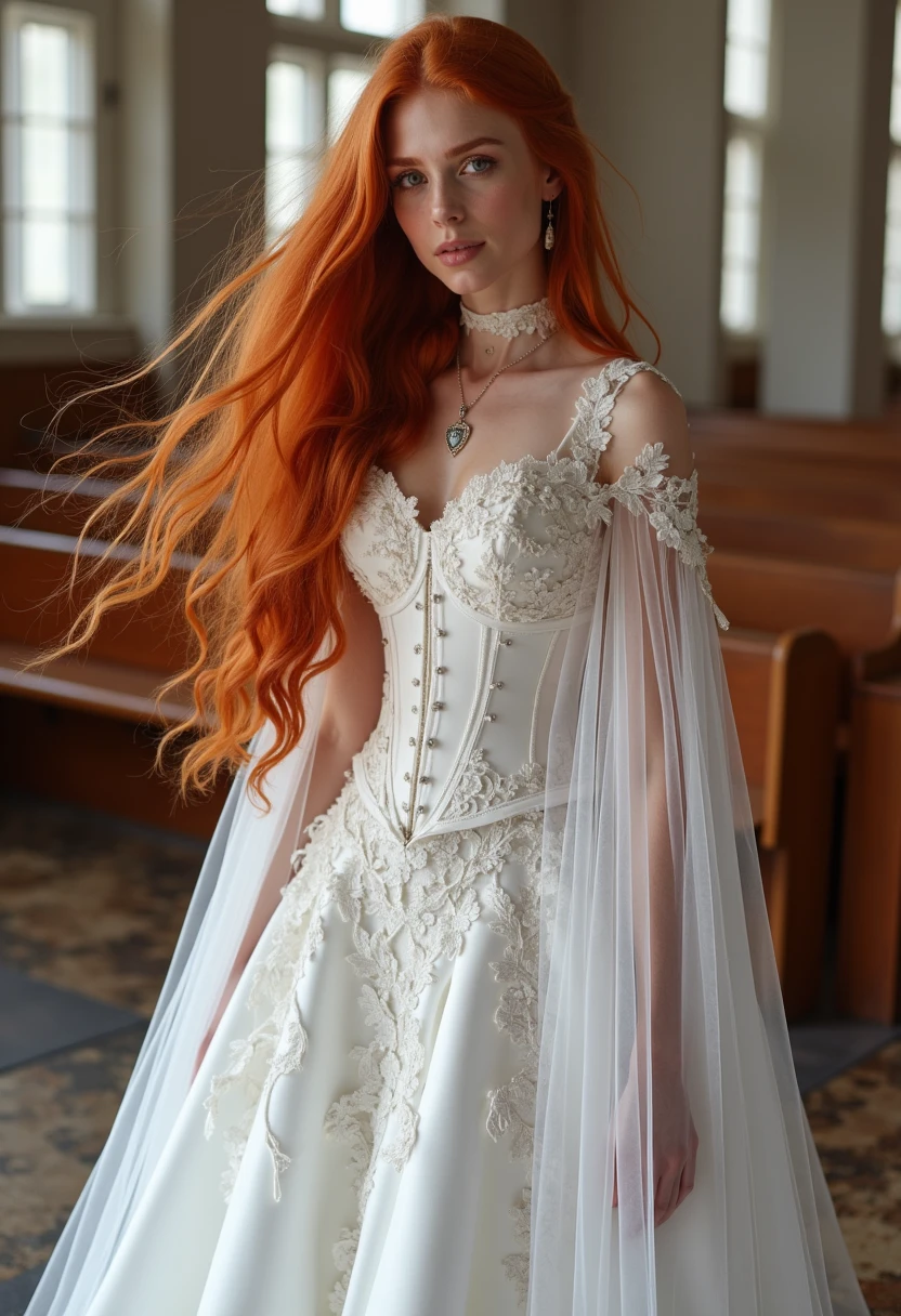 A woman with flowing long red hair gazes at the viewer softly. her white dress is hud_m0thern4ture, a stunning full-length gown with a fitted bodice and a flared skirt. consisting of a corset, see-through hooded cape. the setting is a church and she is marrying her husband