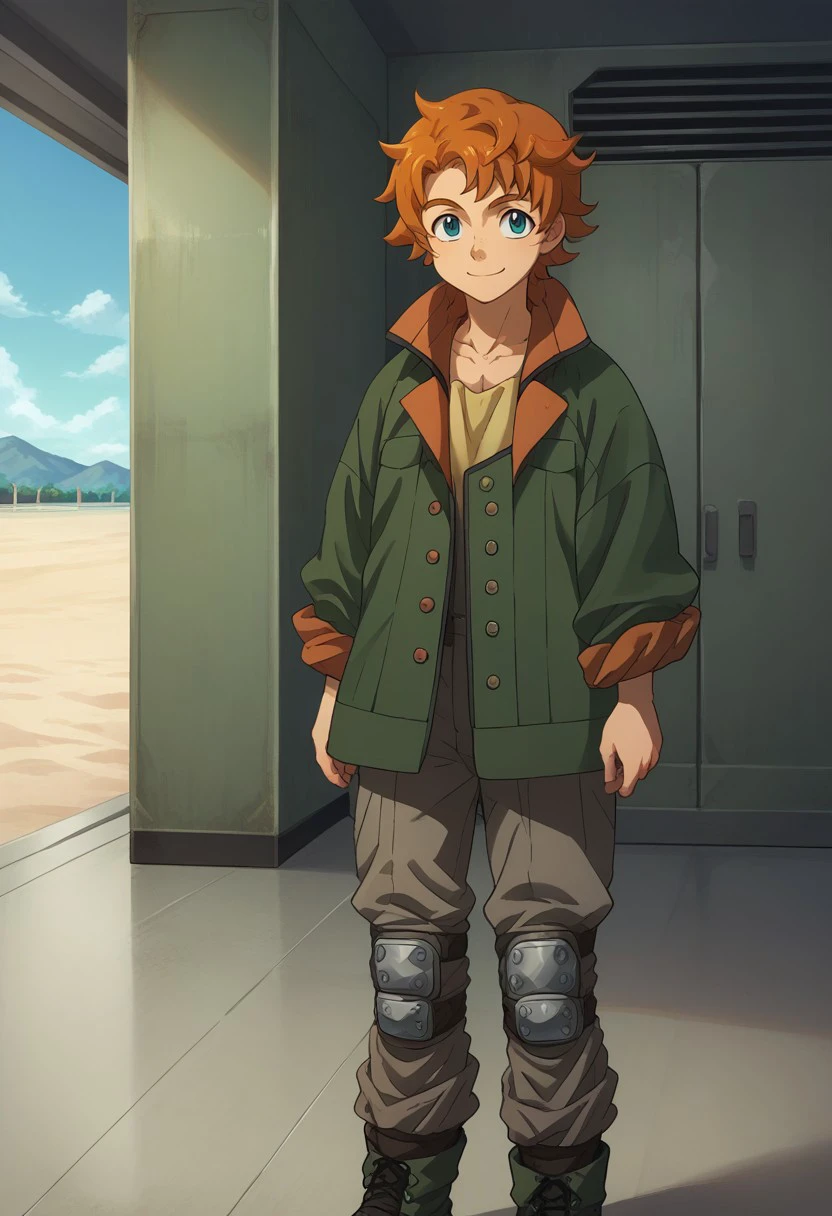 score_9, score_8_up, score_7_up, source_anime, highly detailed,
ridemass, 1boy, male focus, solo, smile, blue eyes, orange hair, knee pads, jacket, green jacket, rolled up sleeves, boots,
indoor, hangar,