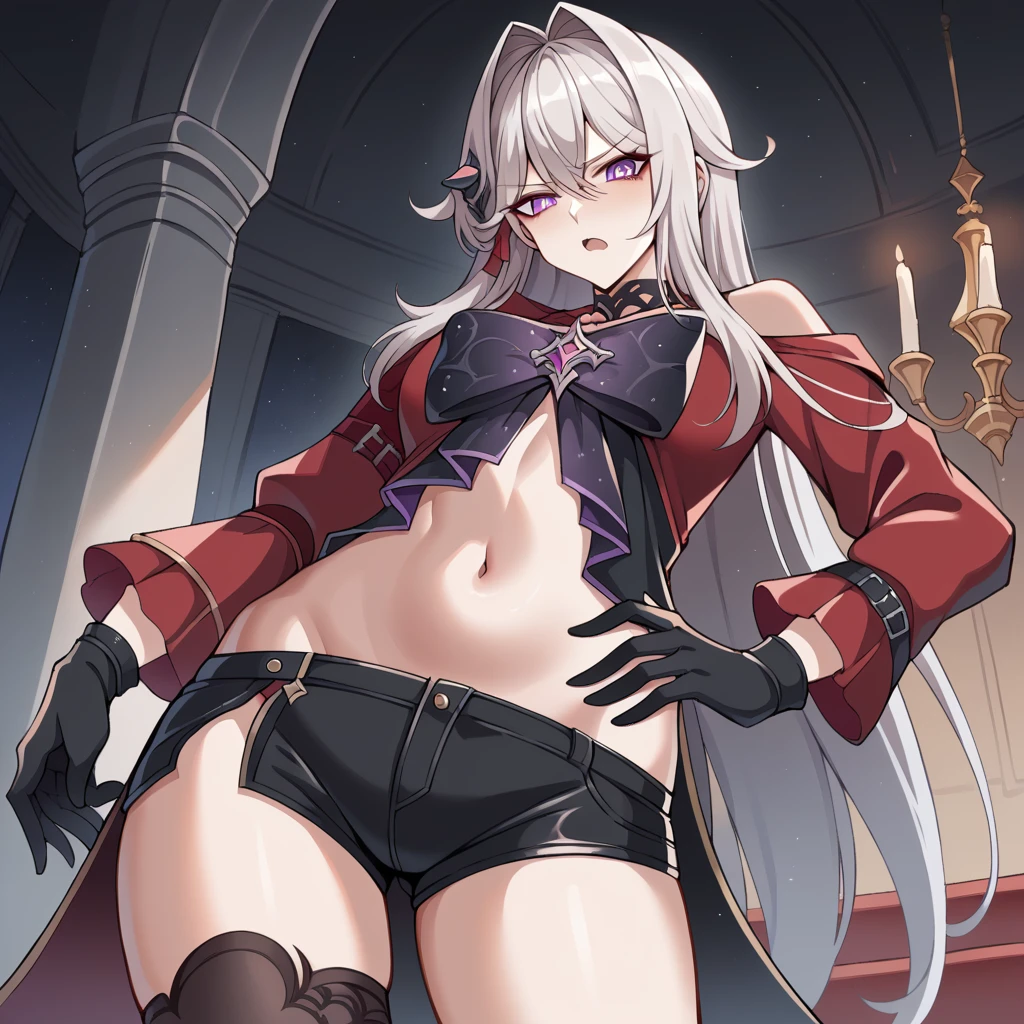 score_9_up, score_8_up, score_7_up, source_anime, masterpiece, best quality, 1girl, solo, Thelema, Thel_Def, night time, dimmed light, chandelier, gothic interior, hand on hip, standing, posing, looking down at you, annoyed evil disgusted, open mouth, white hair, purple eyes, hair ornament, long hair, micro shorts, black shorts, red jacket, midriff, navel, big bow, black bow, jewelry, long sleeves, red sleeves, black gloves, off-shoulder, black choker, bare shoulders, black thighhighs, single thighhigh, asymmetrical legwear, mature body, dynamic cowboy shot, indoors, gothic castle background