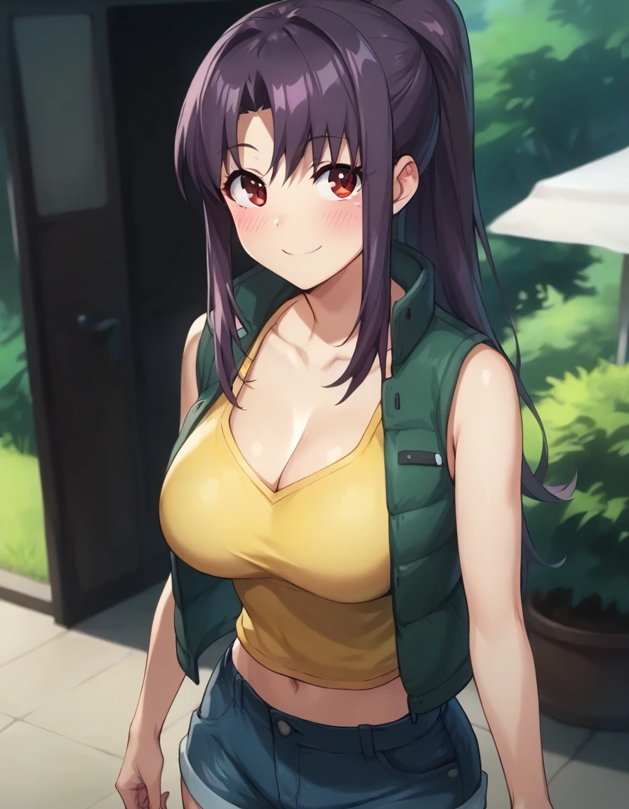 score_9,score_8_up,score_7_up,score_6_up BREAK official art,solo,outdoors,upper body,(portrait:1.5),looking at viewer,facing viewer,smile,blush,Natsuki Kitamura,long hair,purple hair,ponytail,sidelocks,bangs,red eyes,collarbone,cleavage,green vest,yellow tank top,sleeveless,large breasts,navel,denim shorts,short shorts,boots,<lora:Natsuki Kitamura(hc)-Pony:1.5>,<lora:Smooth Anime Style LoRA XL:0.8>,